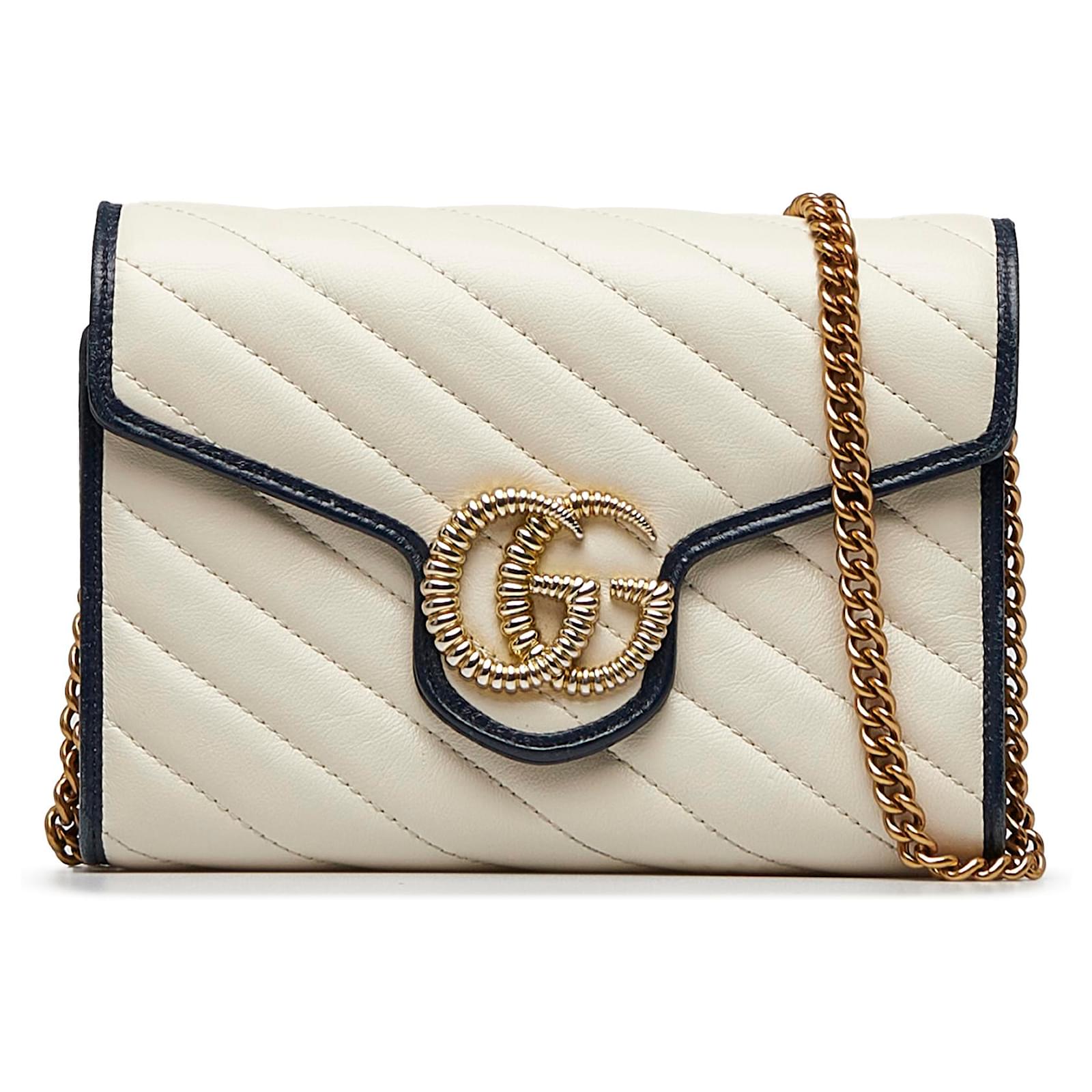 Gucci White Mini GG Marmont Wallet on Chain Leather Pony-style