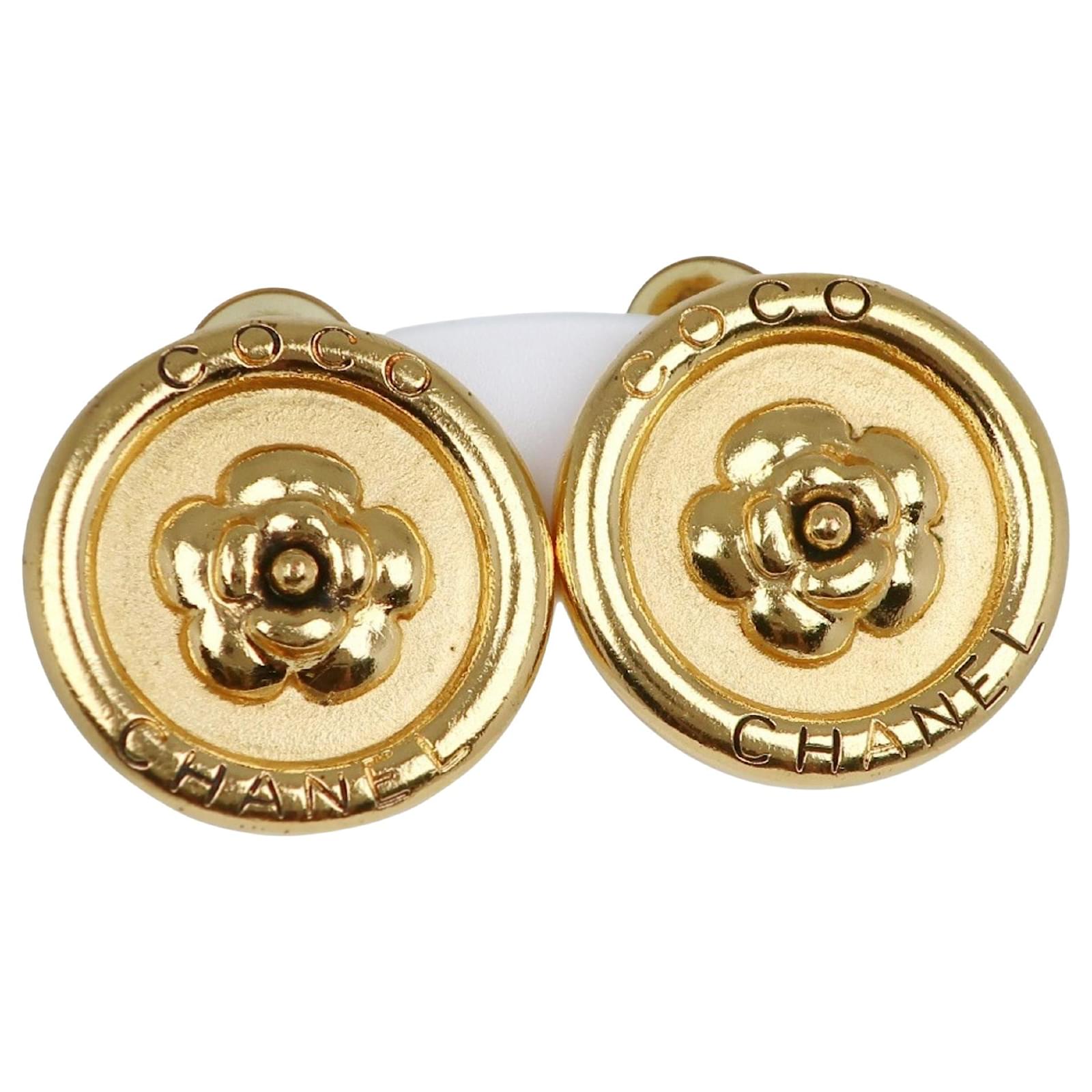 Chanel B22B COCO Mark Rhinestone Pearl Hoop Earrings GP Gold [Used] [Authentic Guaranteed]
