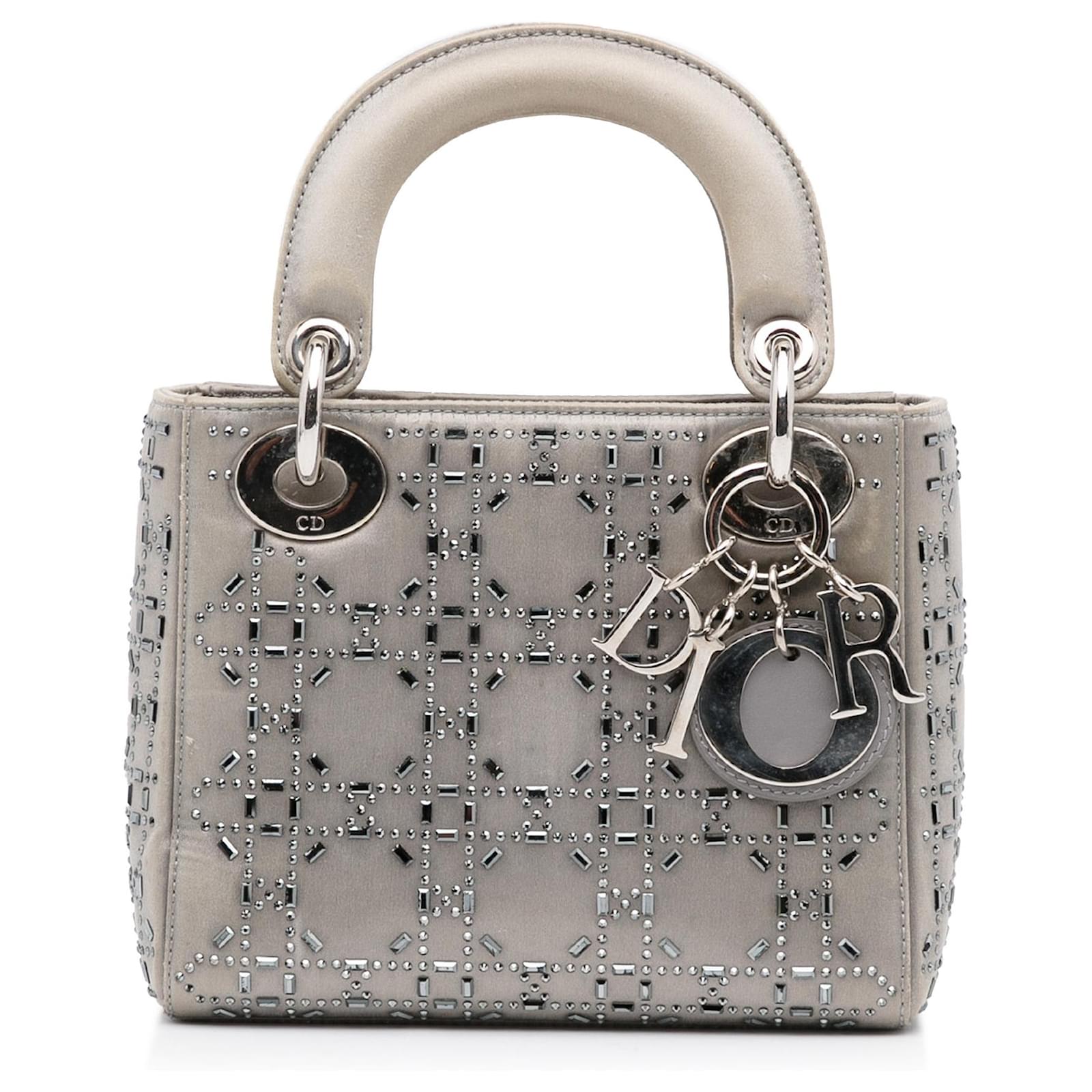 Christian Dior Mini Lady Dior Crystal Embellished Satin Shoulder Bag Gray