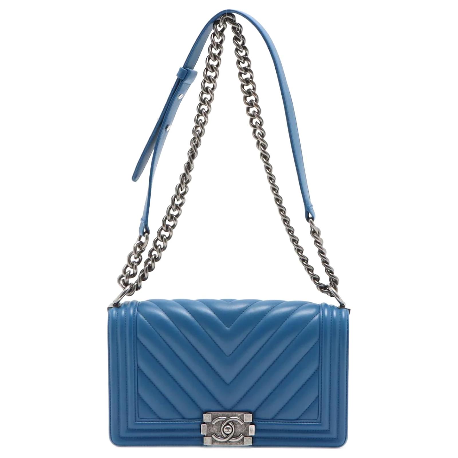Handbags Chanel Boy Medium Chevron Calf Leather Blue Flap Bag
