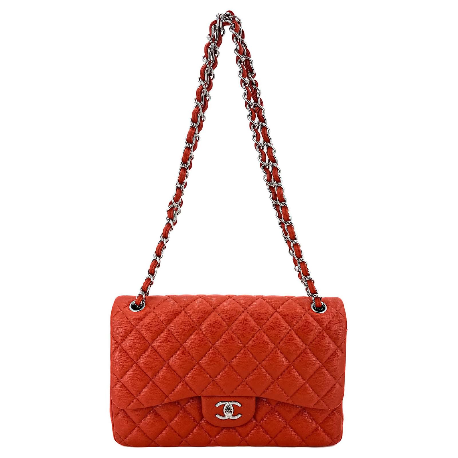 Handbags Chanel Classic Lined Flap Jumbo Caviar Leather Chain Bag Orange