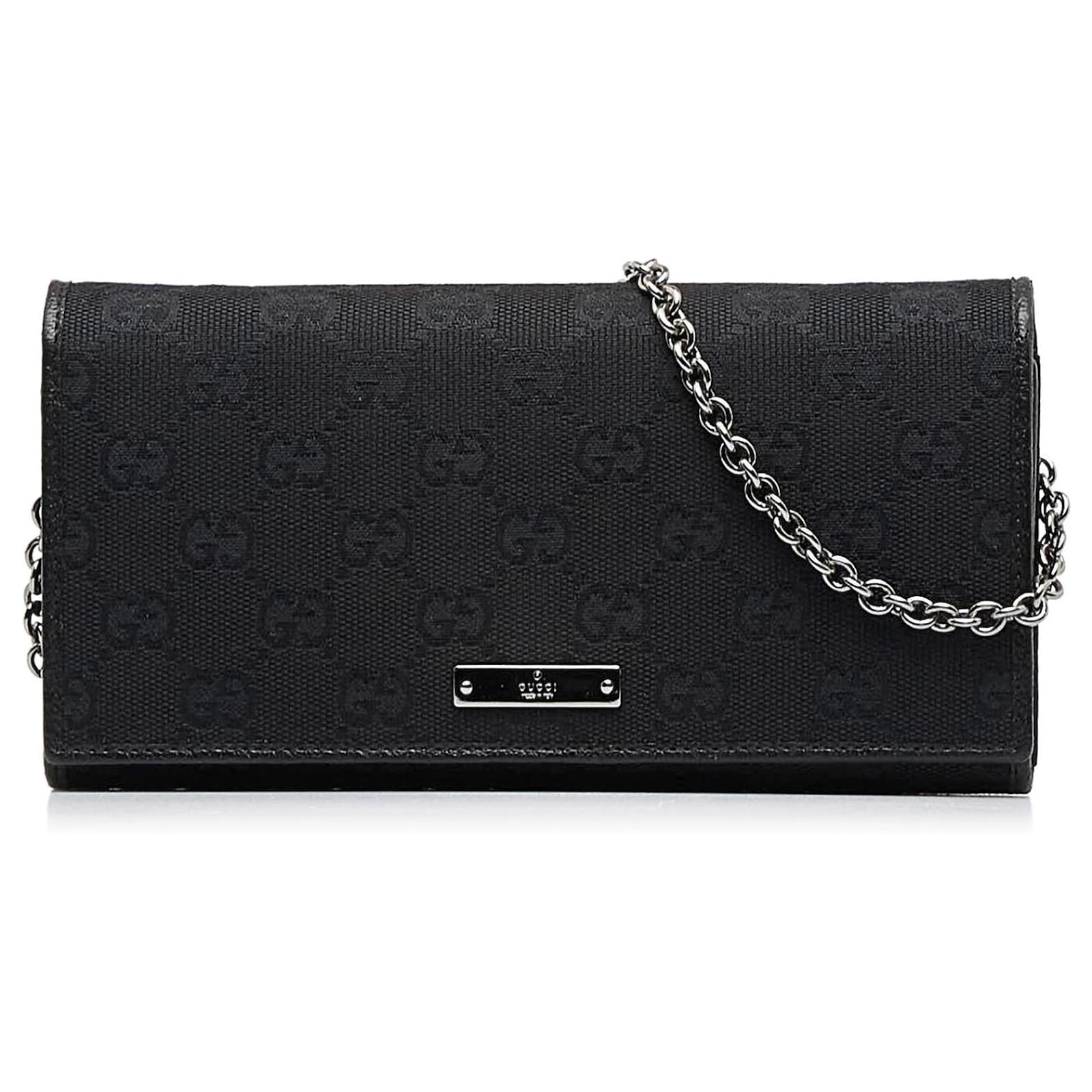 Cartera Gucci de lona negra con GG y cadena Negro Cuero Lienzo