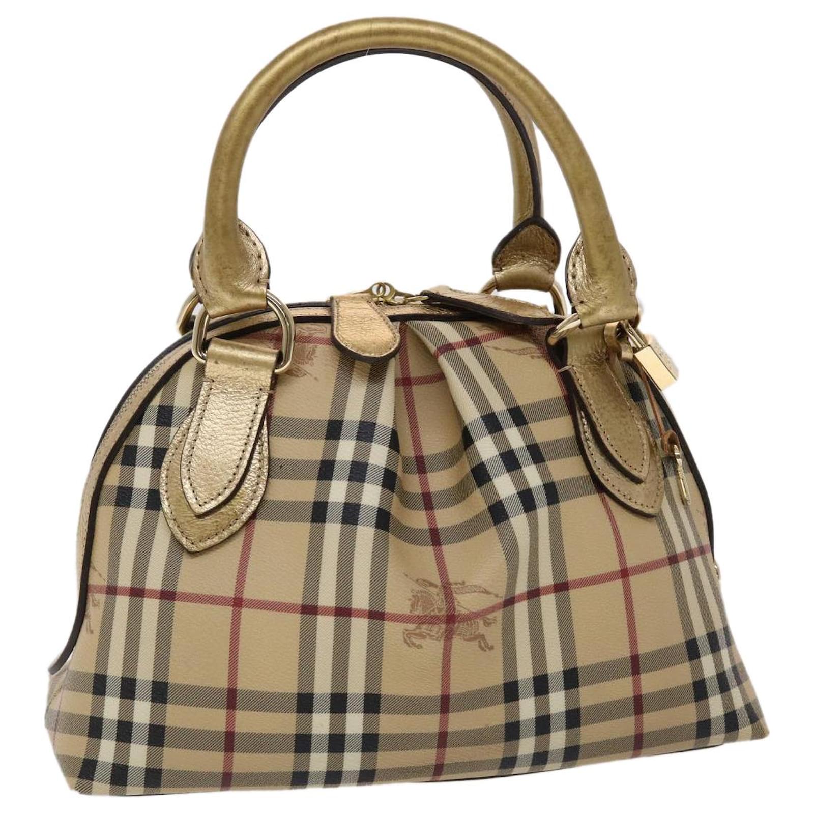 Burberry Gold Haymarket Check PVC and Leather Thornley Bowling Bag