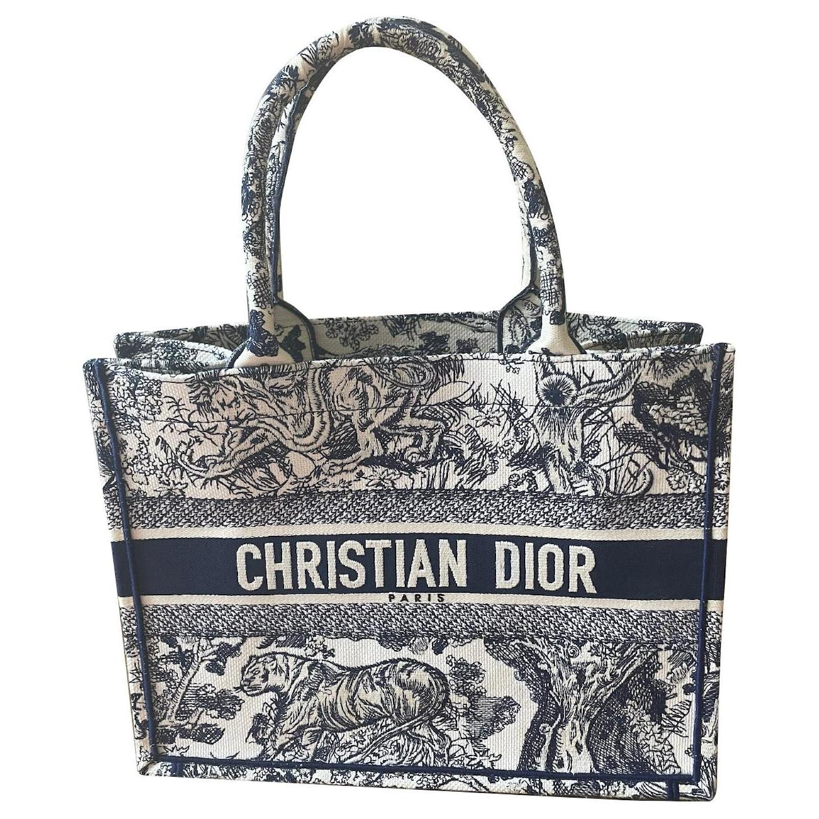 Small Dior Book Tote White and Navy Blue Toile de Jouy Embroidery
