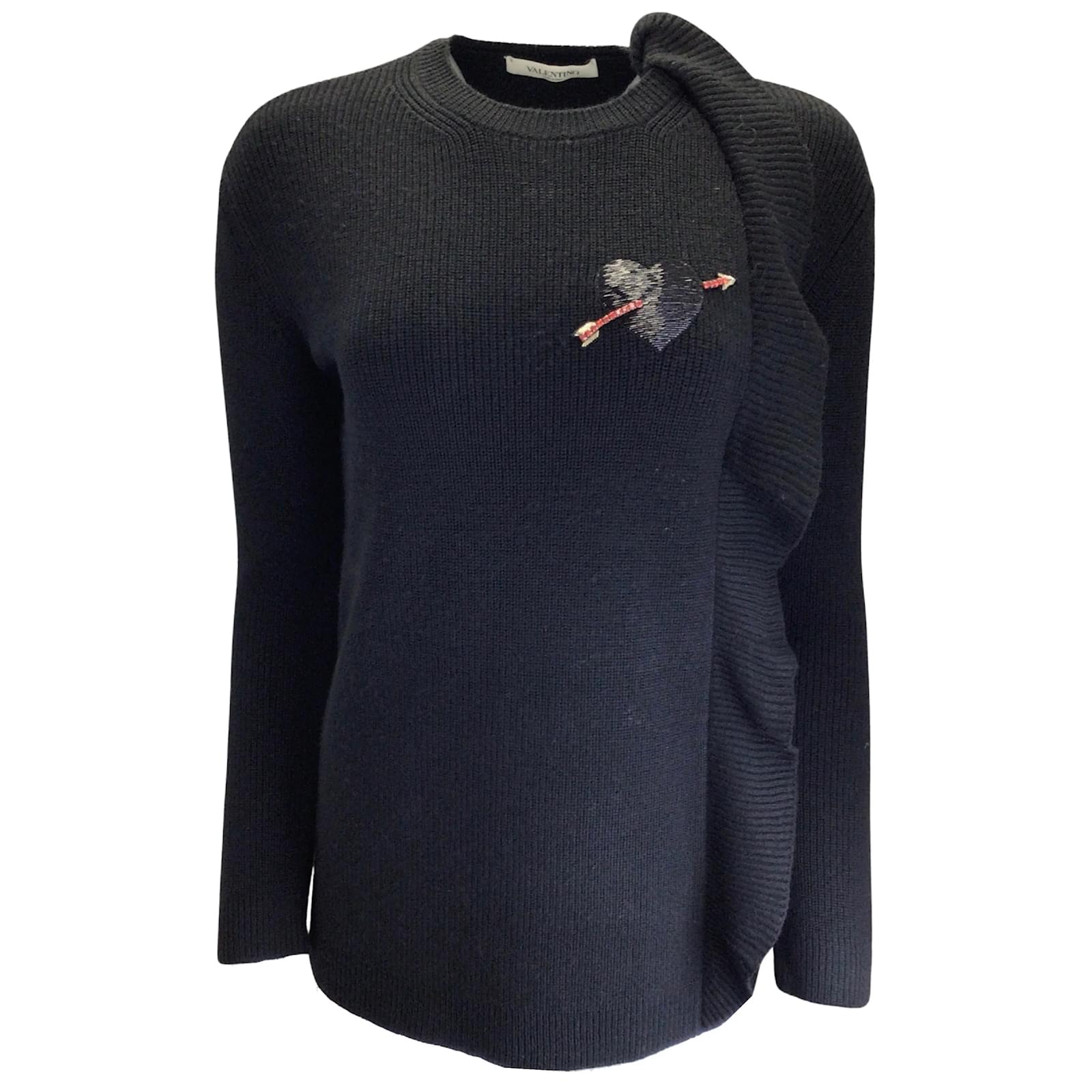 Valentino Black Ruffled Detail Heart and Arrow Embellished Ribbed Knit  Sweater