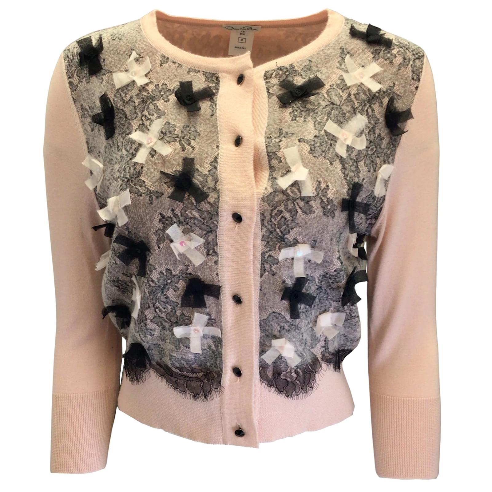 Oscar de la Renta Light Pink Black Bow Embellished Sequined Lace