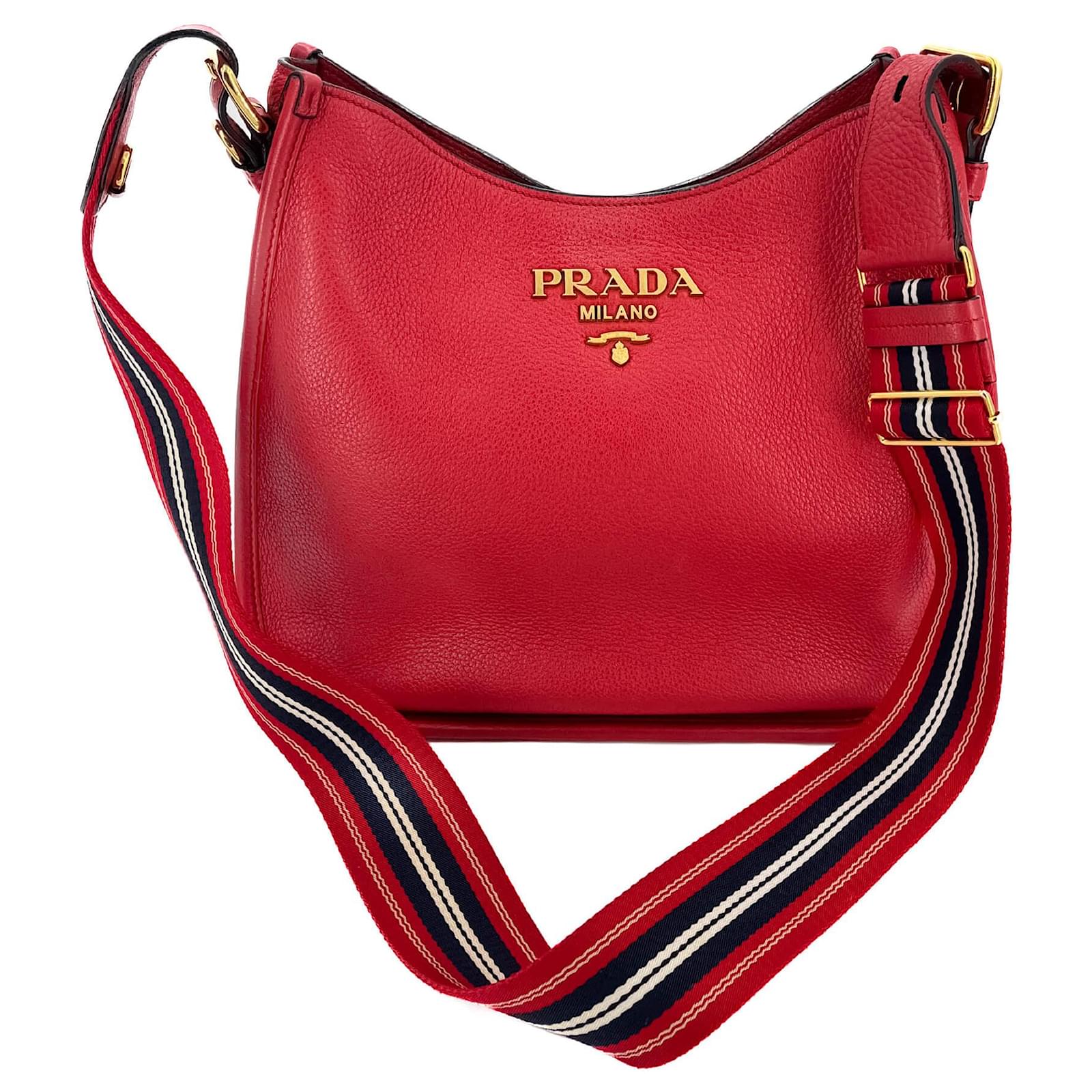 Prada, Bags, Prada Double Zip Crossbody Bag Vitello Daino Small Red