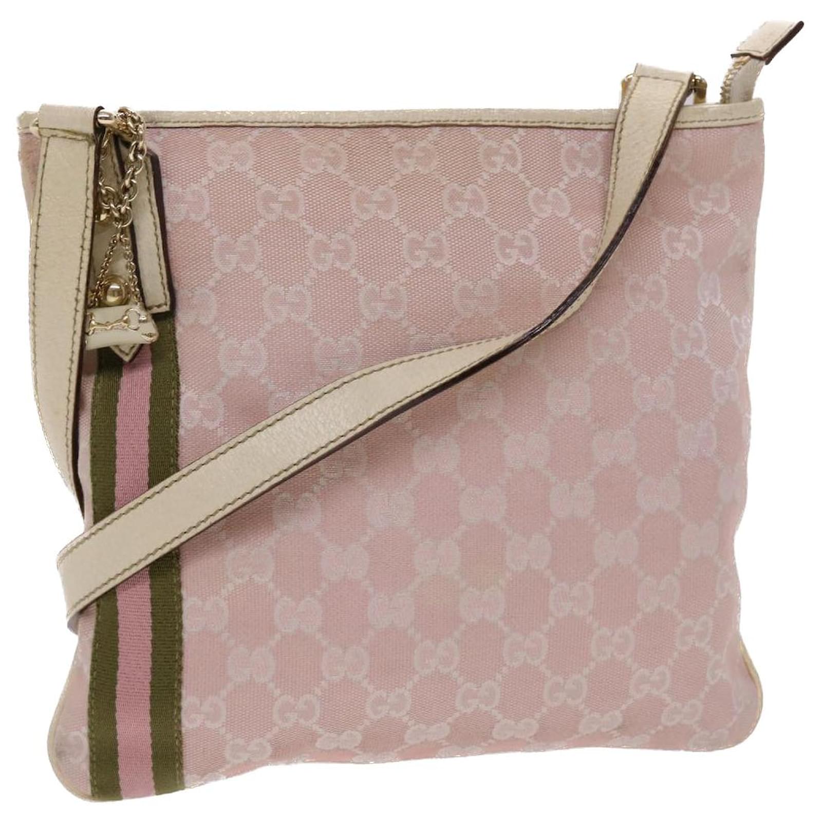 GUCCI GG Canvas Sherry Line Shoulder Bag Pink Khaki 144388 Auth