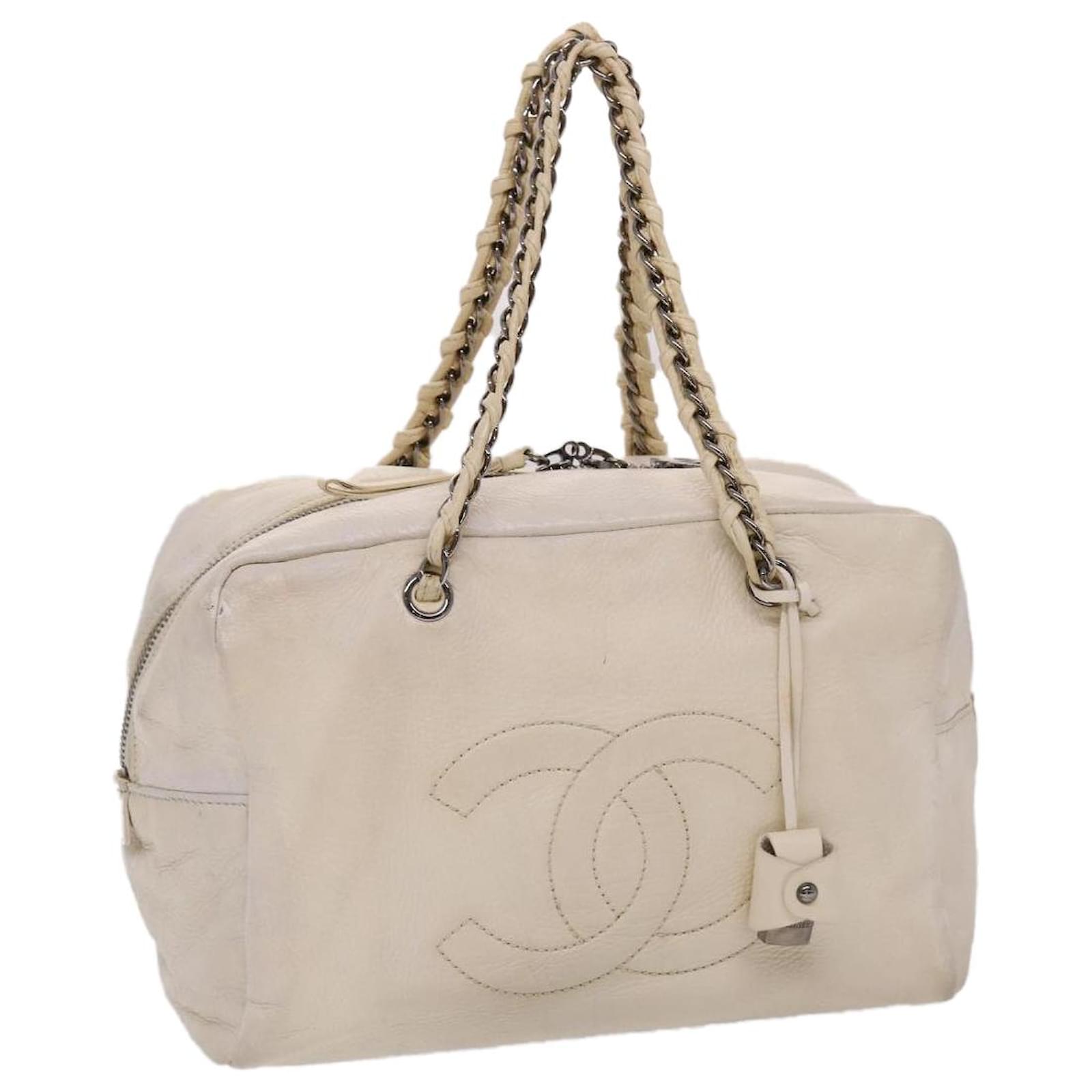 CHANEL Chain Boston Bag Leather White CC Auth bs6591 ref.979429