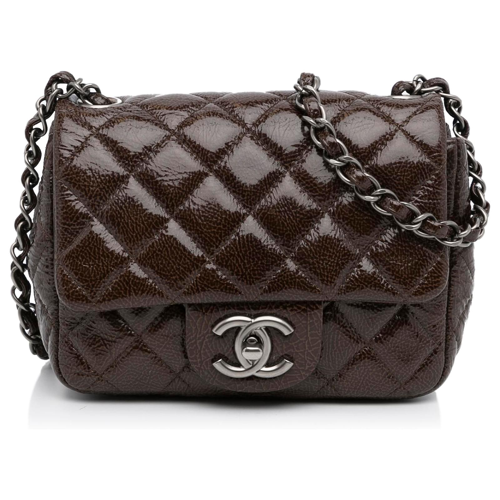 Chanel Brown Quilted Patent Leather Square Single Flap Bag