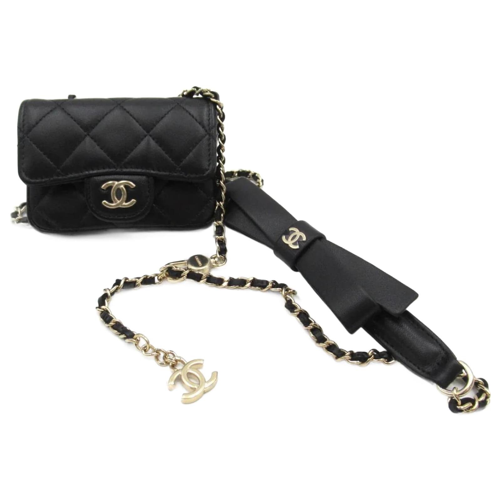 Chanel CC Quilted Leather Bow Chain Mini Flap Bag Black Lambskin