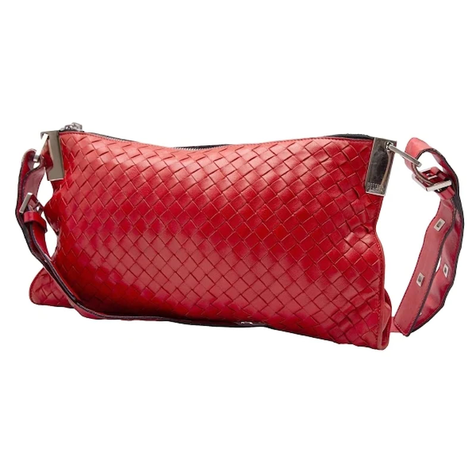 Authentic BOTTEGA VENETA Intrecciato Shoulder Bag Leather Red