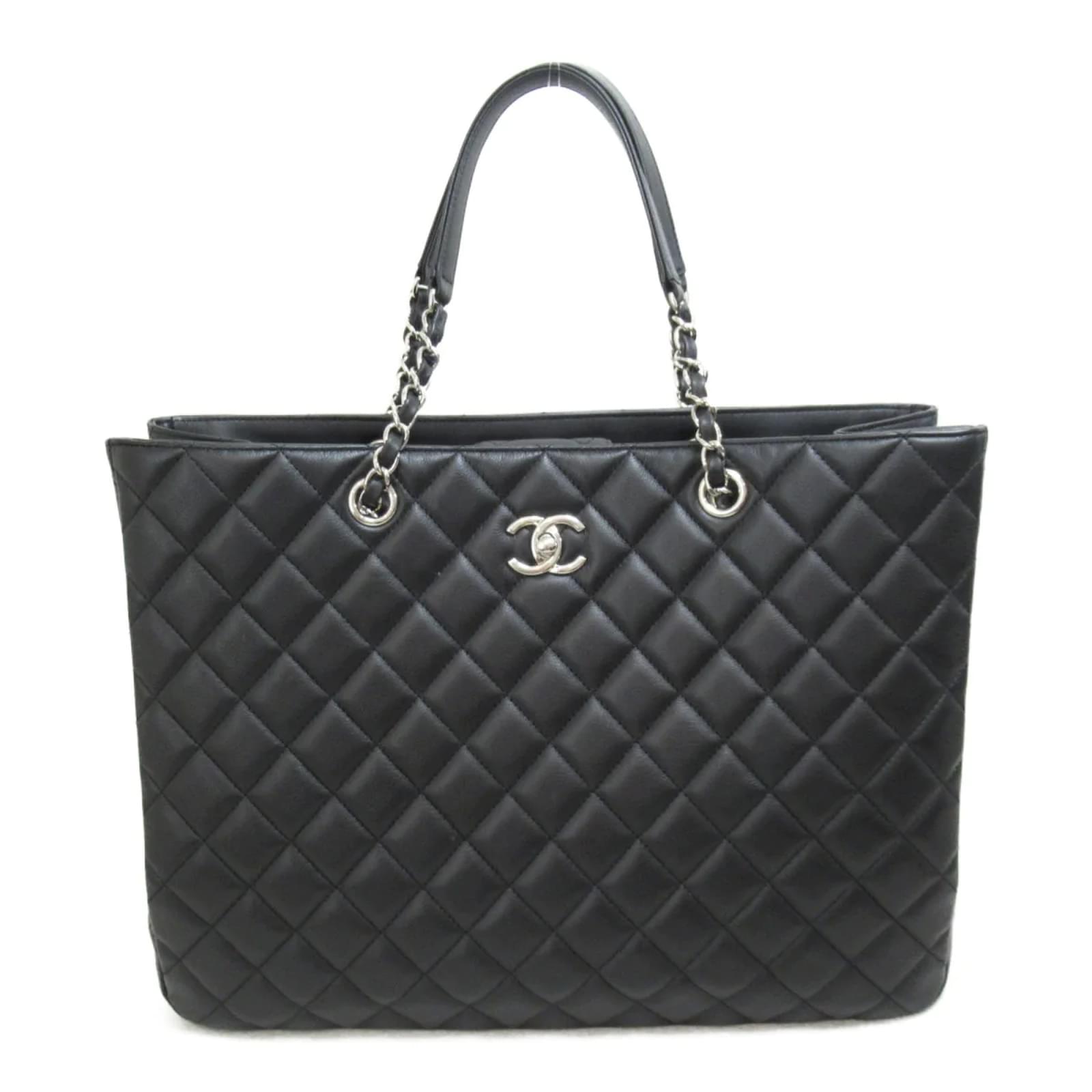 Chanel CC Quilted Leather Chain Tote Bag Black Pony-style calfskin