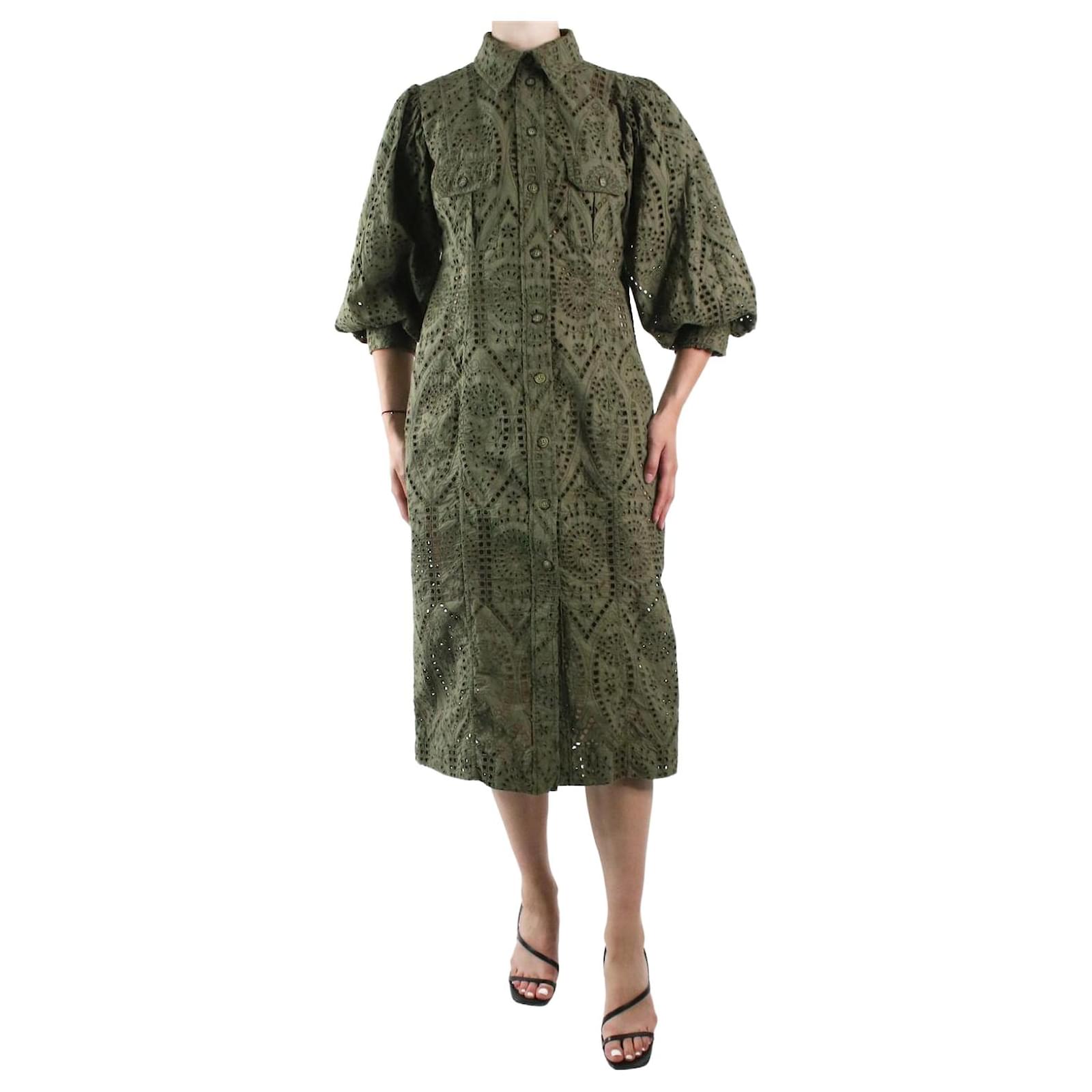 slim fit dress slacks GANNI Green Floral Print Wrap Dress Size S  alineconsignment