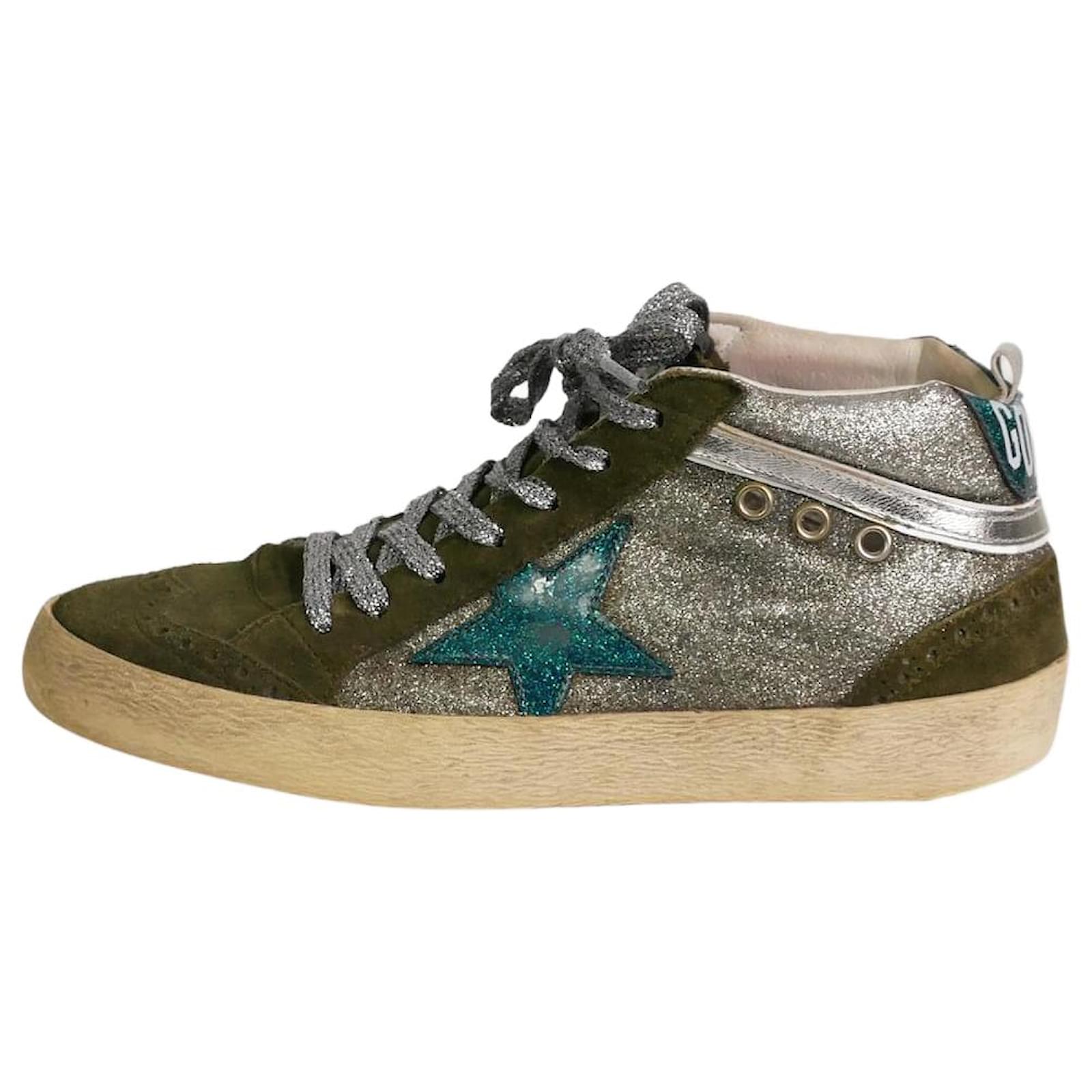 Golden Goose Deluxe Brand Green sparkly suede Mid Star trainers