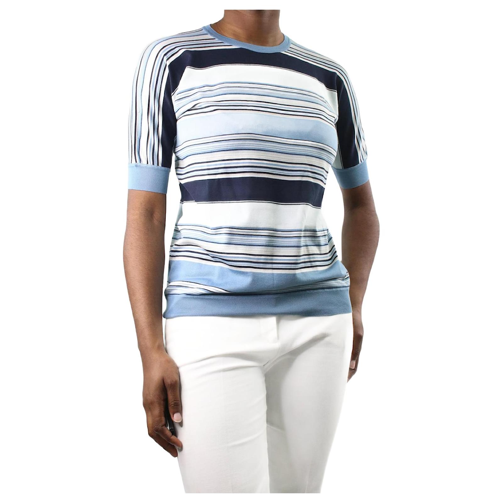 Loro Piana Blue Stripy Crew Neck T-Shirt - size IT 42 Silk ref