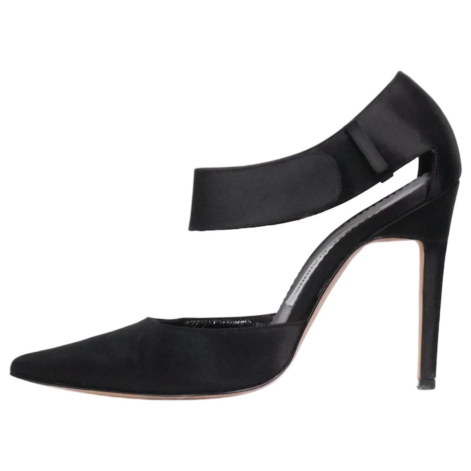 Manolo Blahnik Black pointed toe satin heels with ankle strap