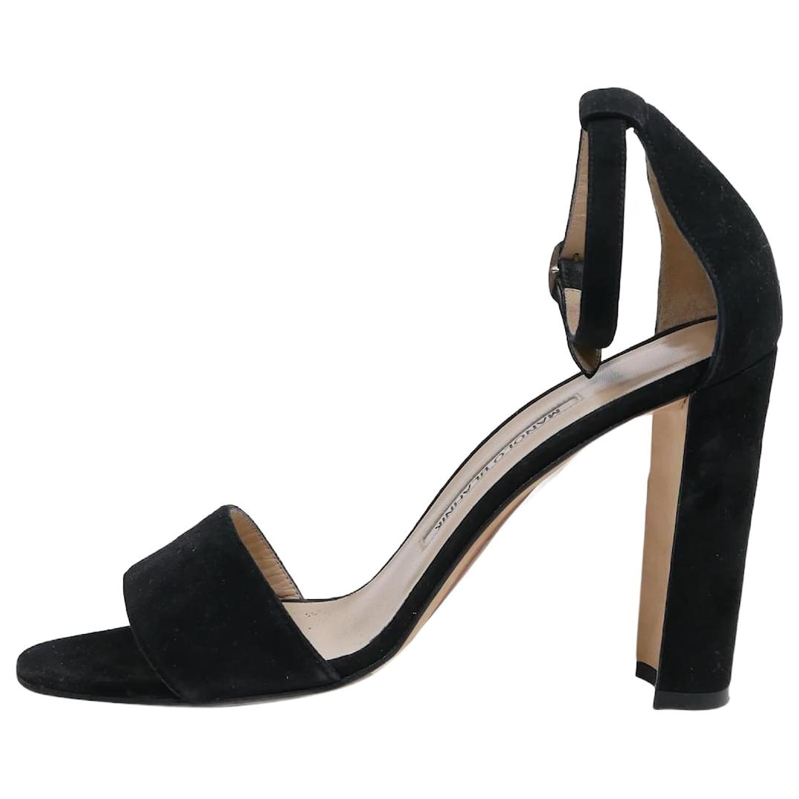 Manolo Blahnik Black suede sandal heels with round open toe and