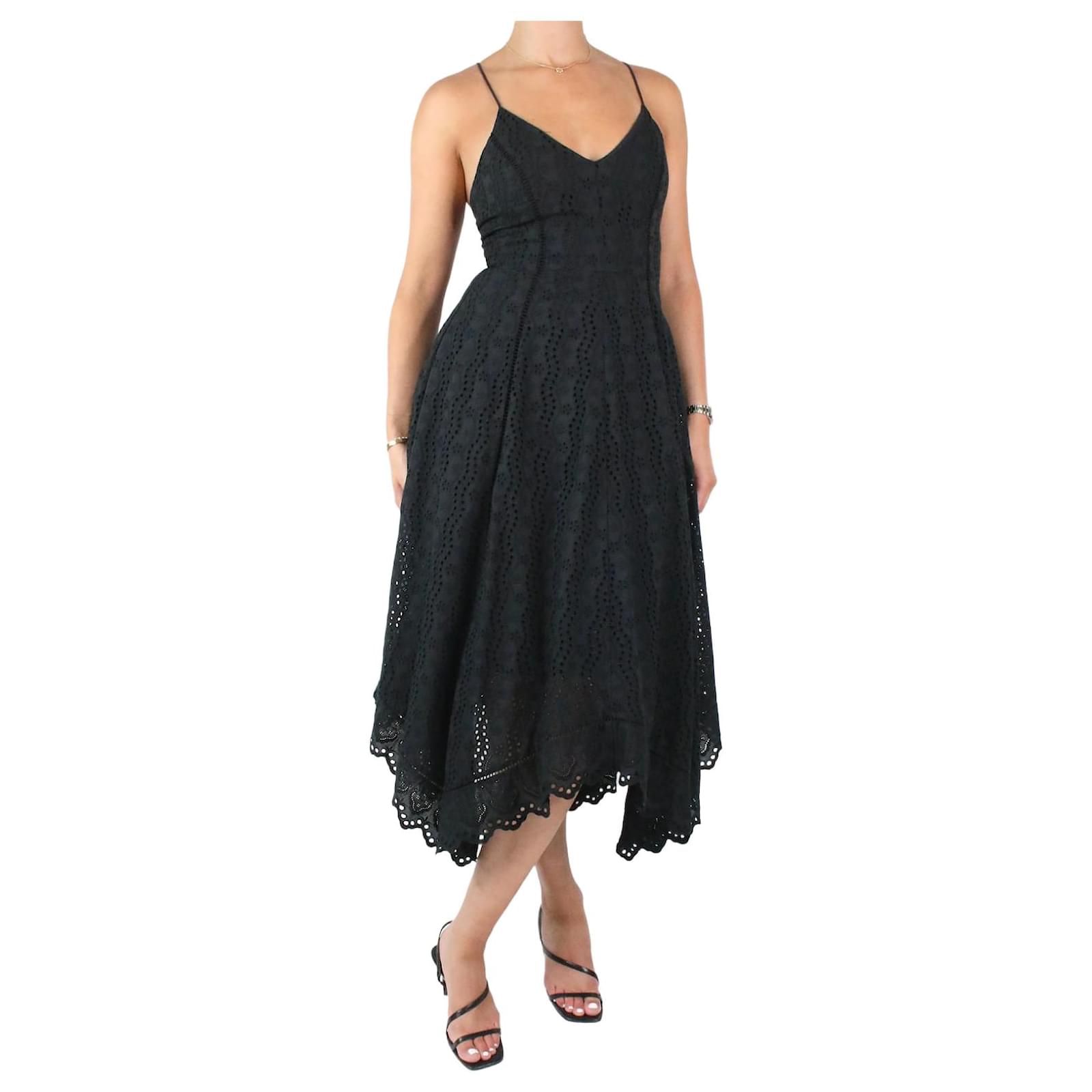 Autre Marque Black broderie anglaise V neck dress size S Cotton