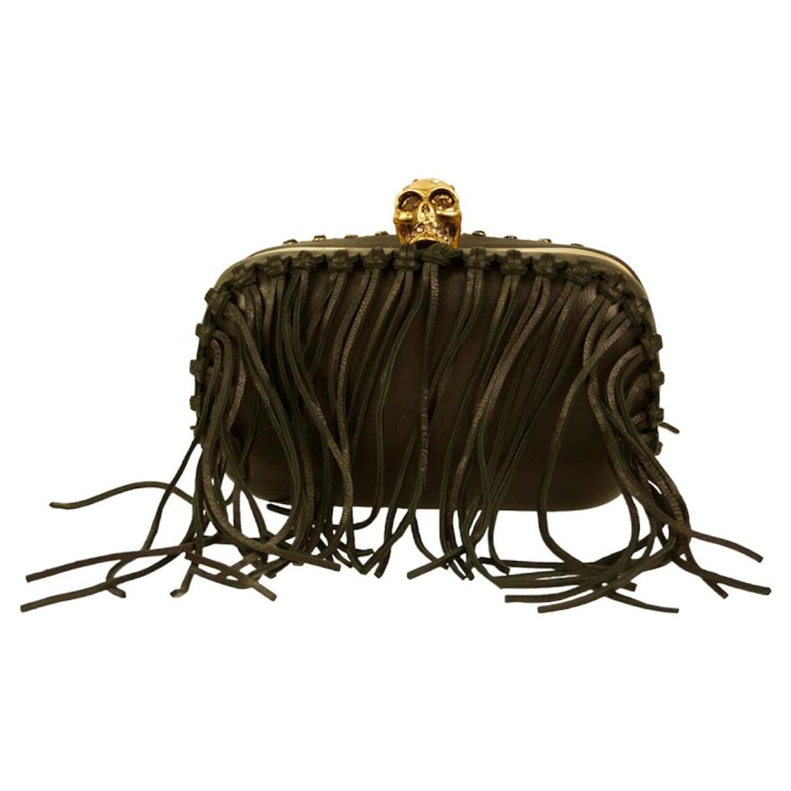 Alexander McQueen Black Leather Fringe Crystal Studded Gold Skull