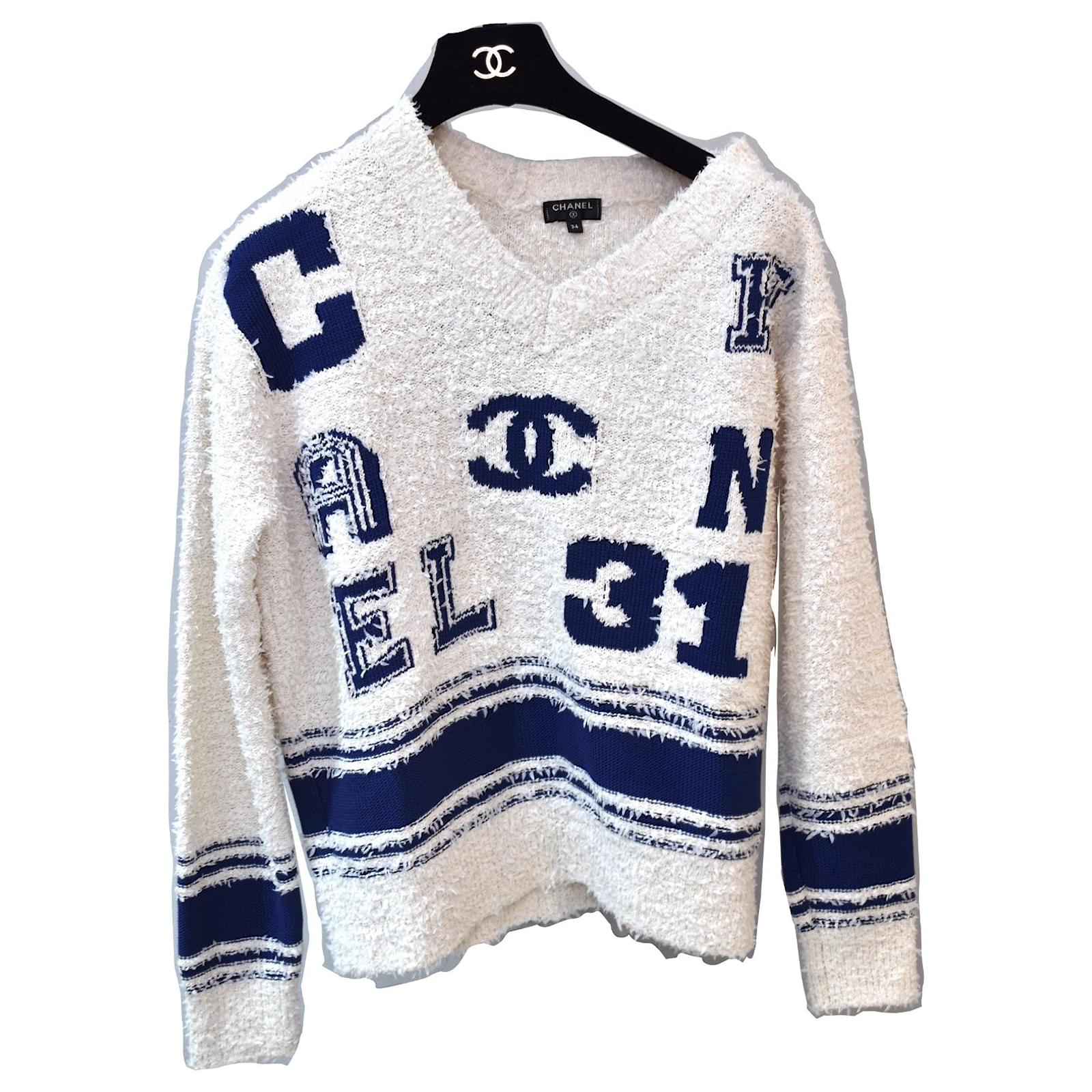 Knitwear Chanel Iconic Varsity Boucle Logo Pullover Sweater Size 34 FR