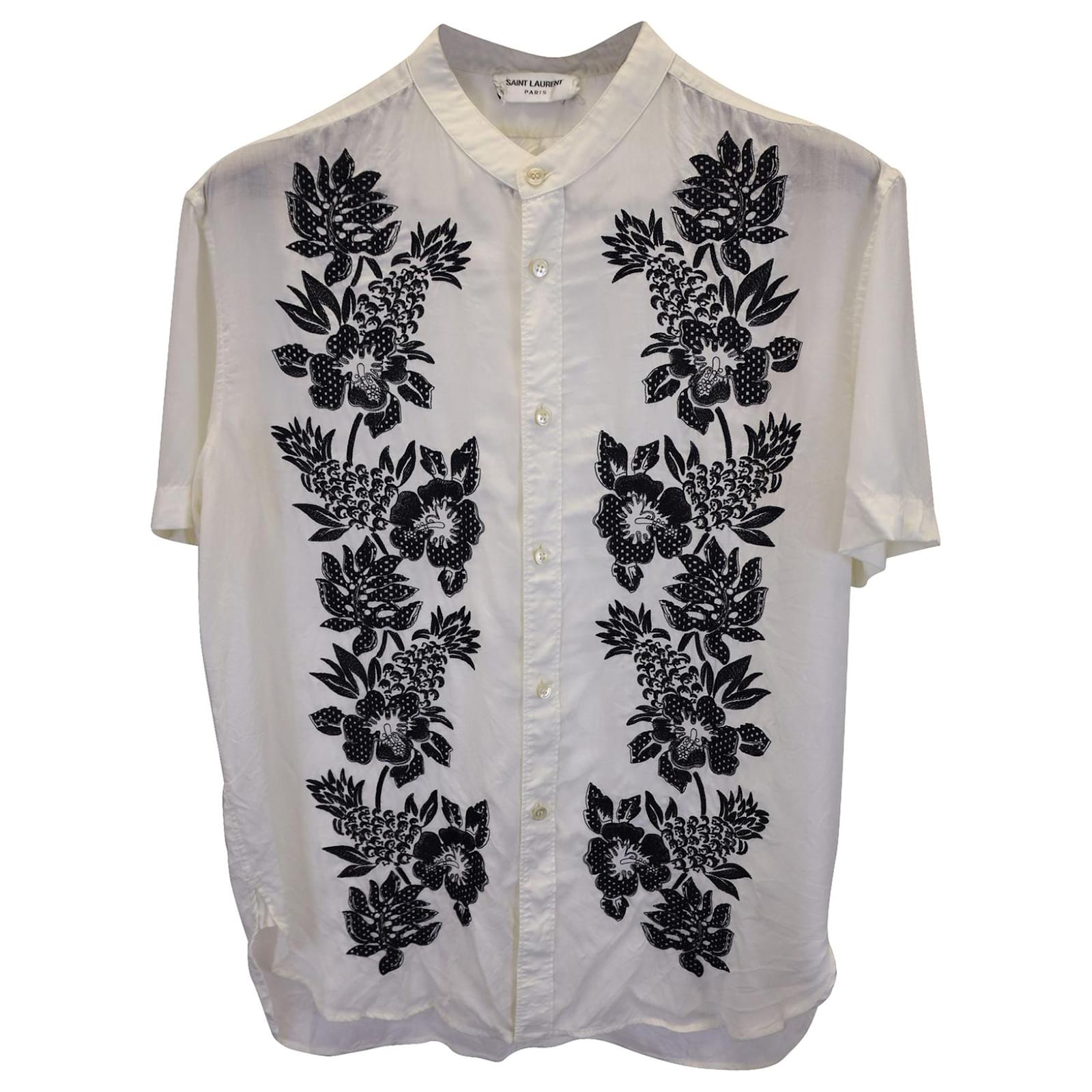 Saint Laurent Floral Embroidered Button-up Short Sleeve Shirt in
