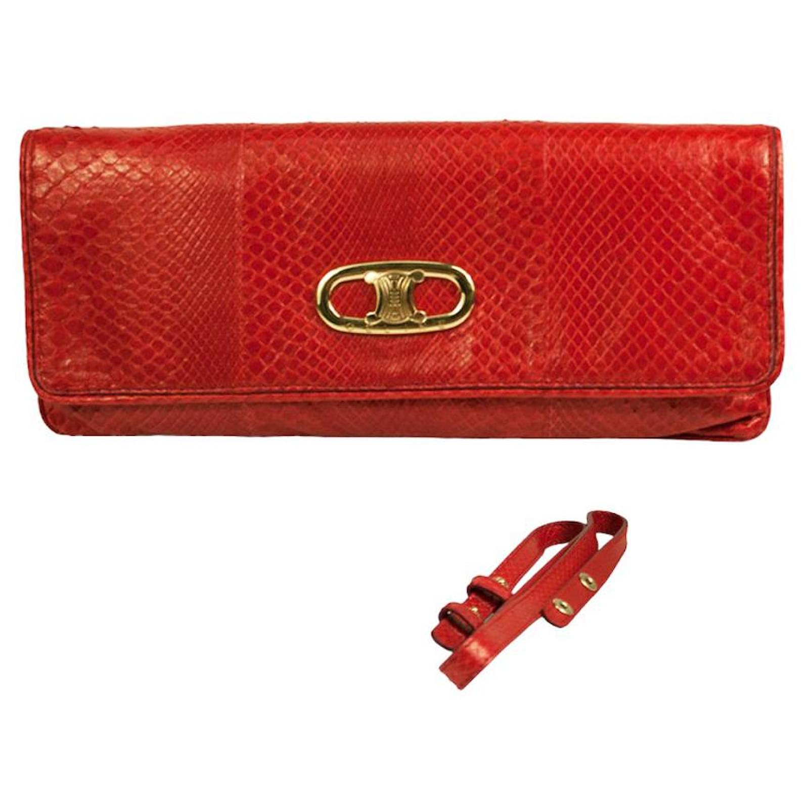 Céline Celine red python snakeskin leather flap top removable strap  shoulder bag clutch Exotic leather ref.990715 - Joli Closet