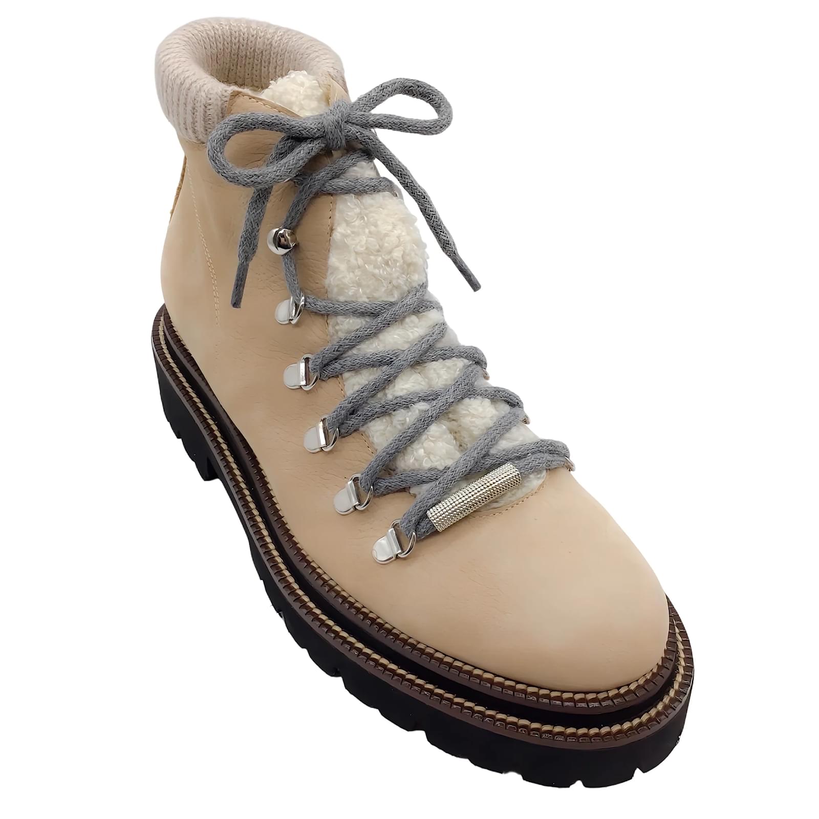 Peserico Tan Leather Hiking Boots with Shearling Beige ref.990841