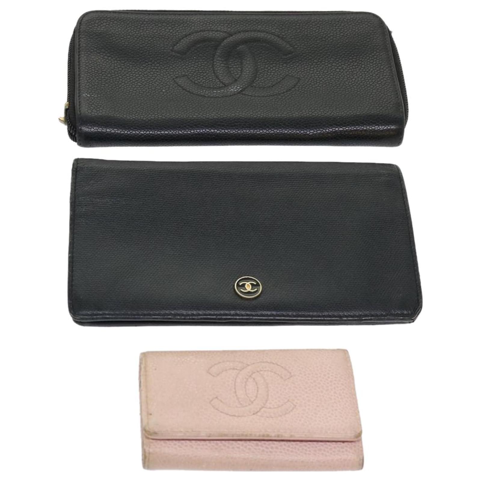 CHANEL Key Case Wallet Caviar Skin 3Set Black Pink CC Auth bs6647