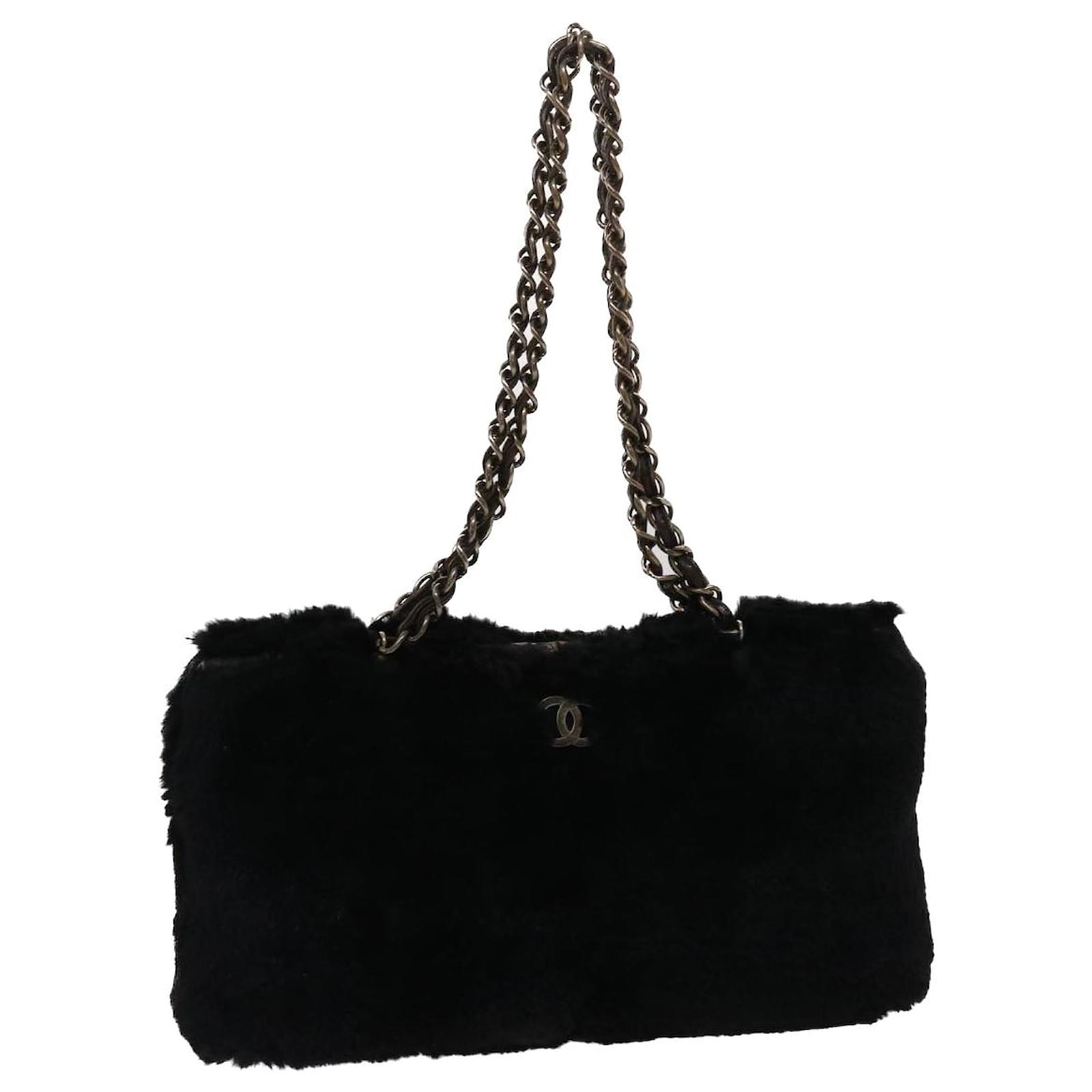 CHANEL Chain Shoulder Bag Fur Black CC Auth yk7661b ref.991503