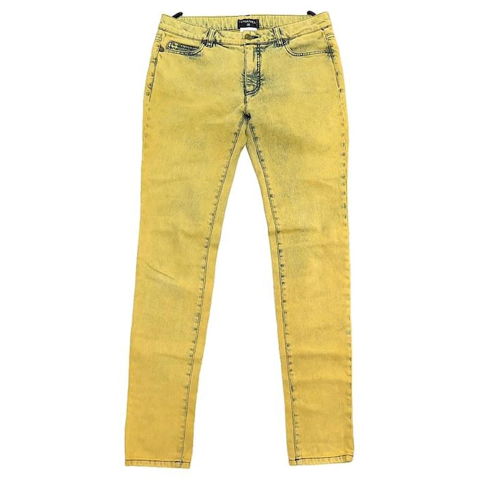 CHANEL JEAN TROUSERS USED EFFECT DENIM COTTON YELLOW 40 M YELLOW