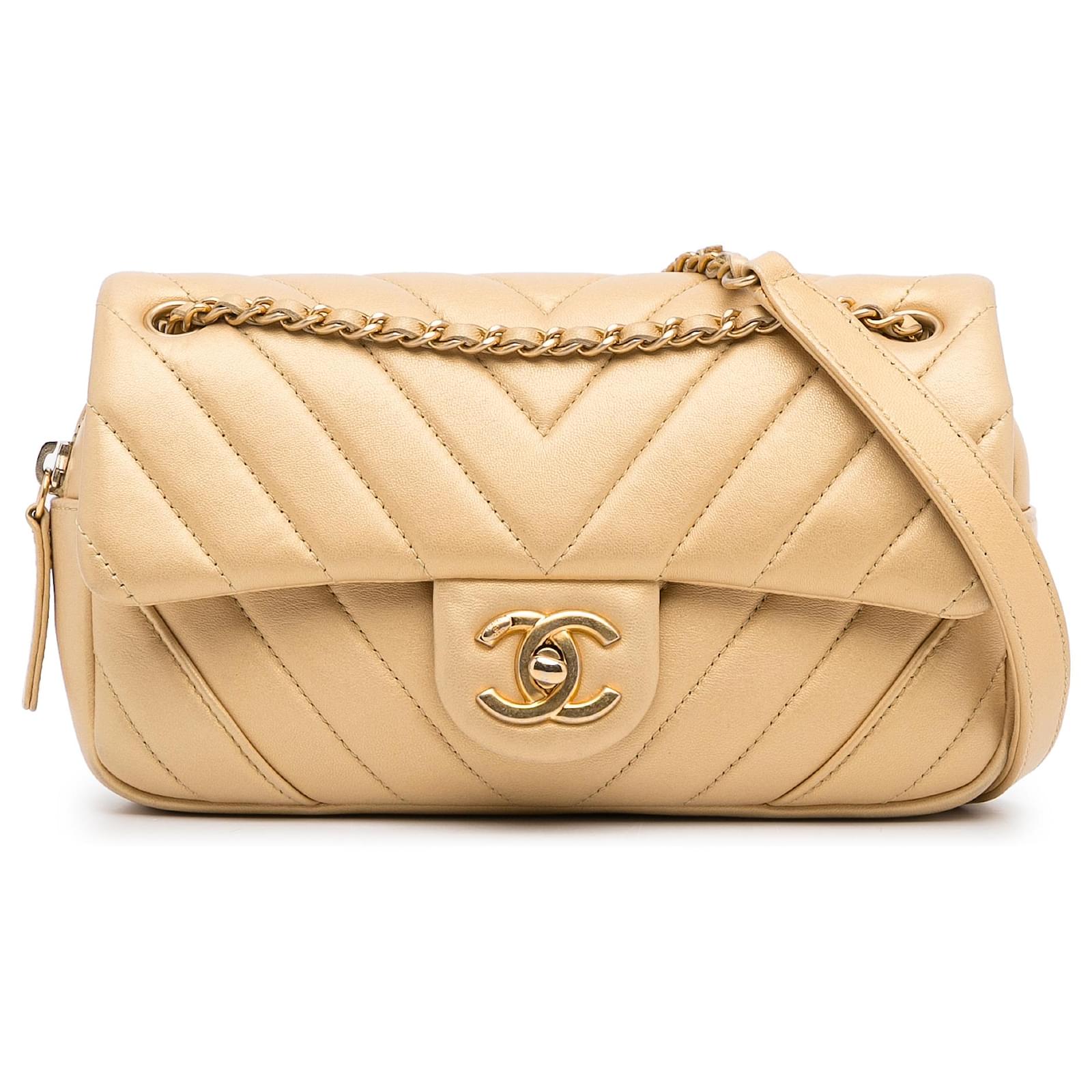 Chanel Gold Mini CC Flap Chevron Leather Crossbody Bag