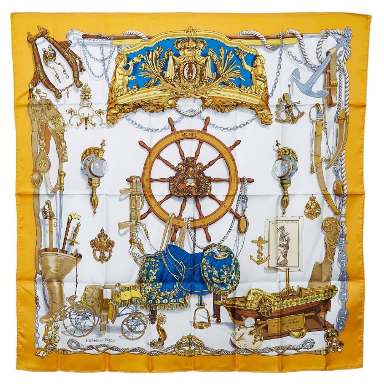 HERMES Calle 90 silk The Jade Bird scarf white x yellow x blue
