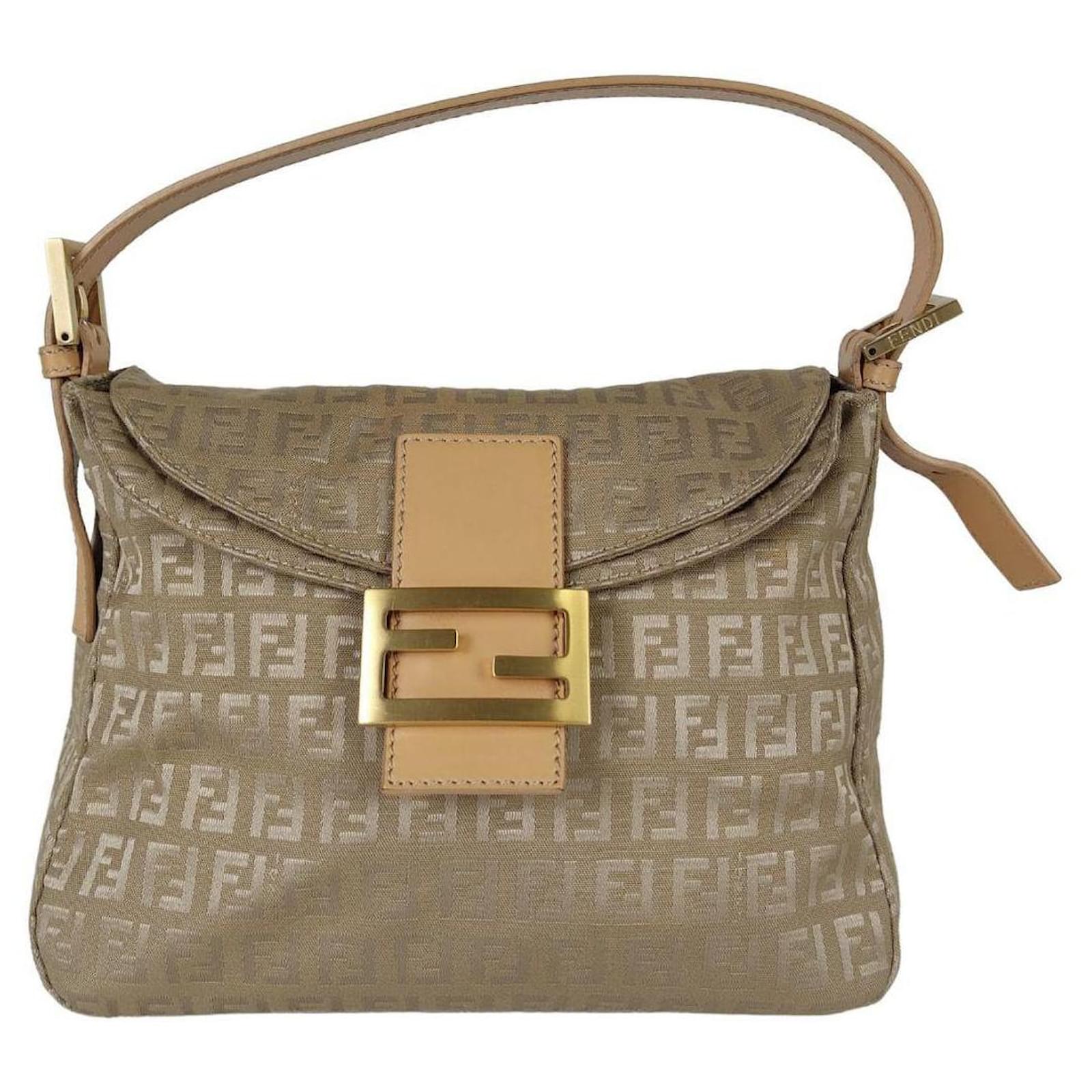 Auth FENDI Zucchino Boston Bag Brown Beige Canvas Leather 8BL068 Used