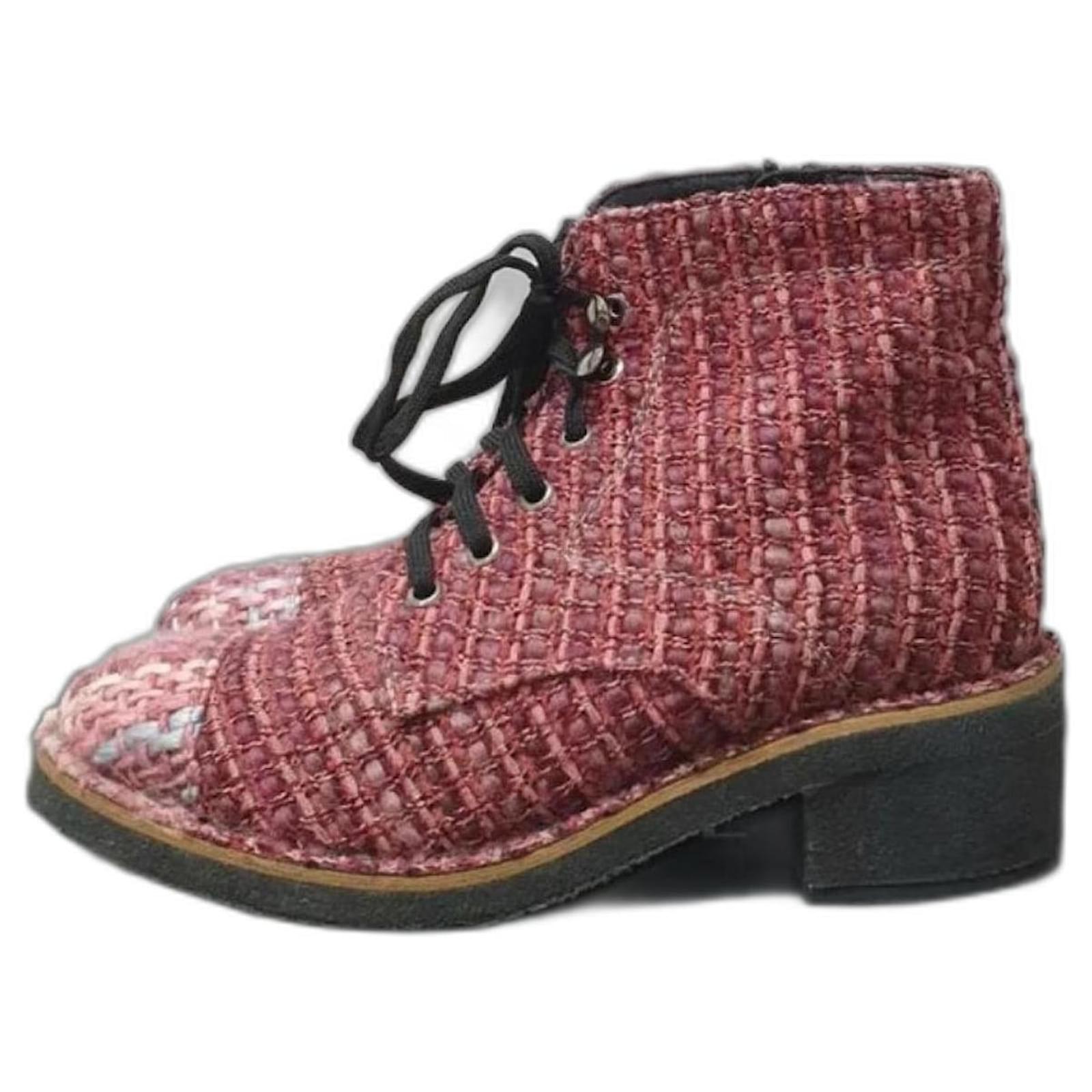Ankle Boots Chanel Chanel Burgundy Tweed Lace Up Ankle Boots Size 38.5 FR