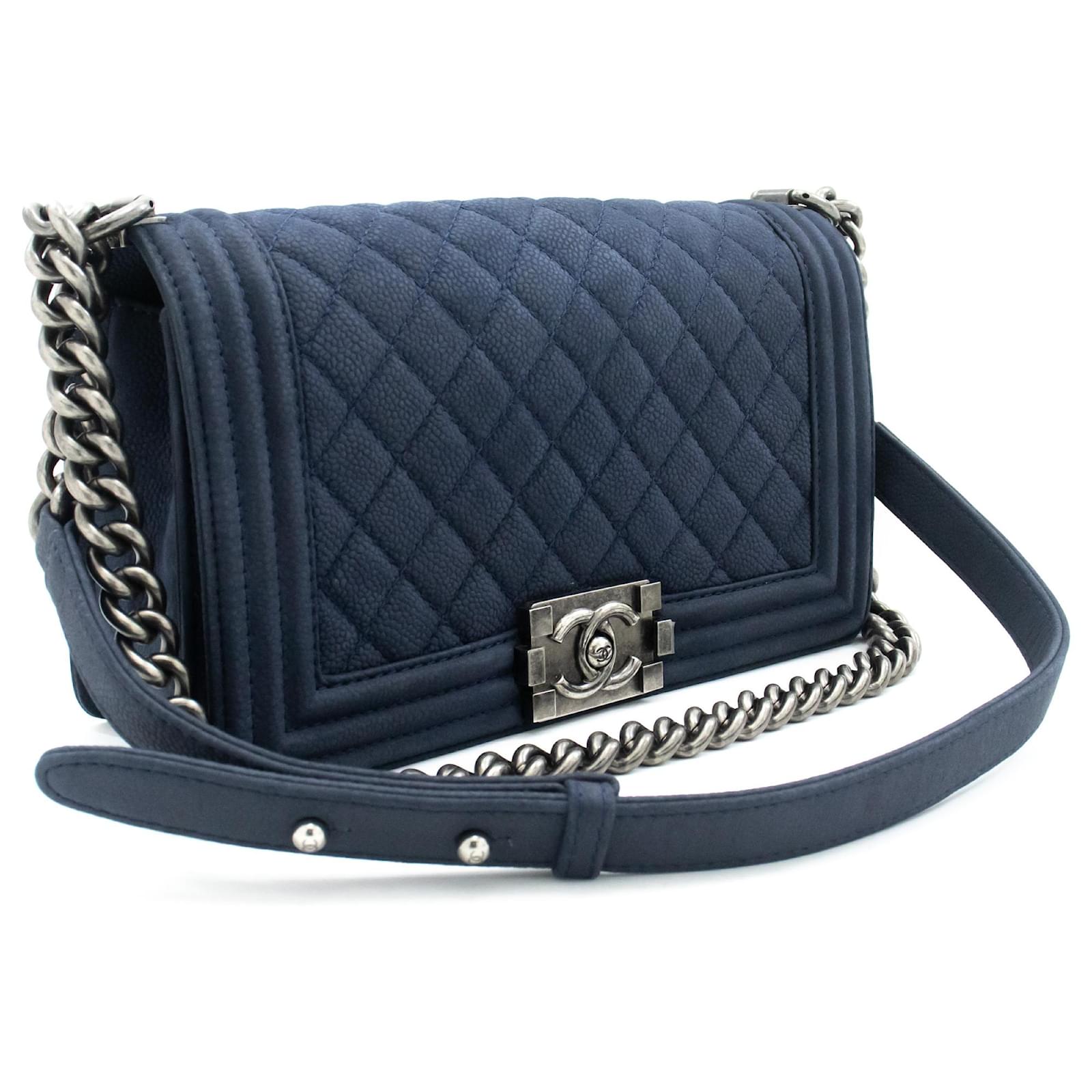 CHANEL Boy Chain Shoulder Bag Navy Quilted Flap Caviar Grained