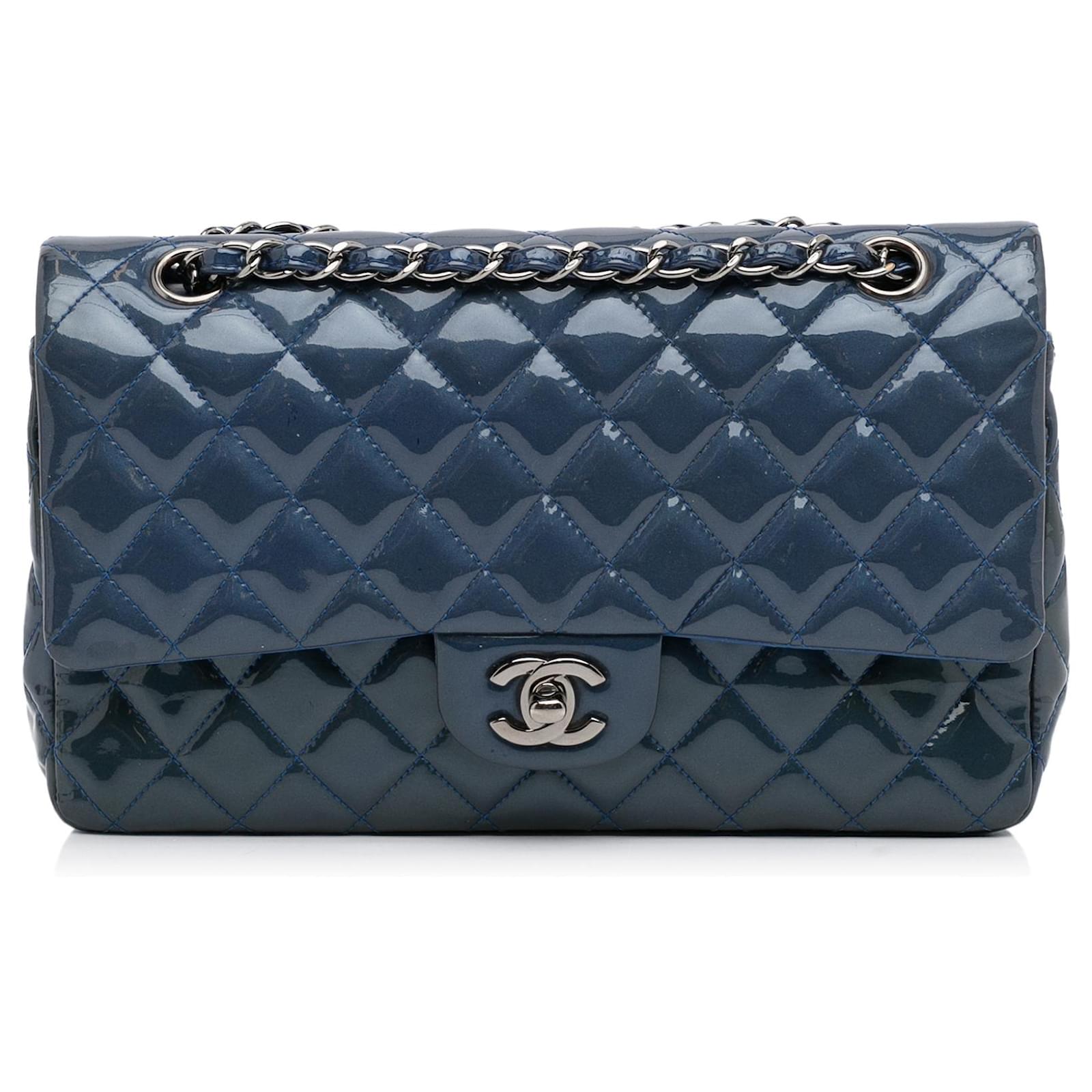 Chanel Blue Classic Medium Patent Leather lined Flap Bag Dark blue