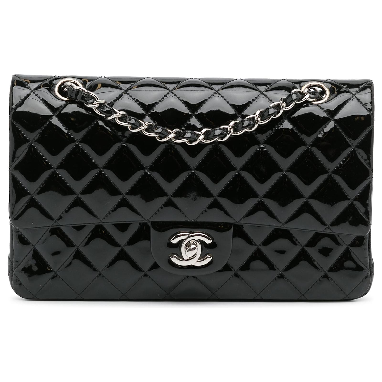 Chanel Black Medium Classic Patent lined Flap Leather Patent