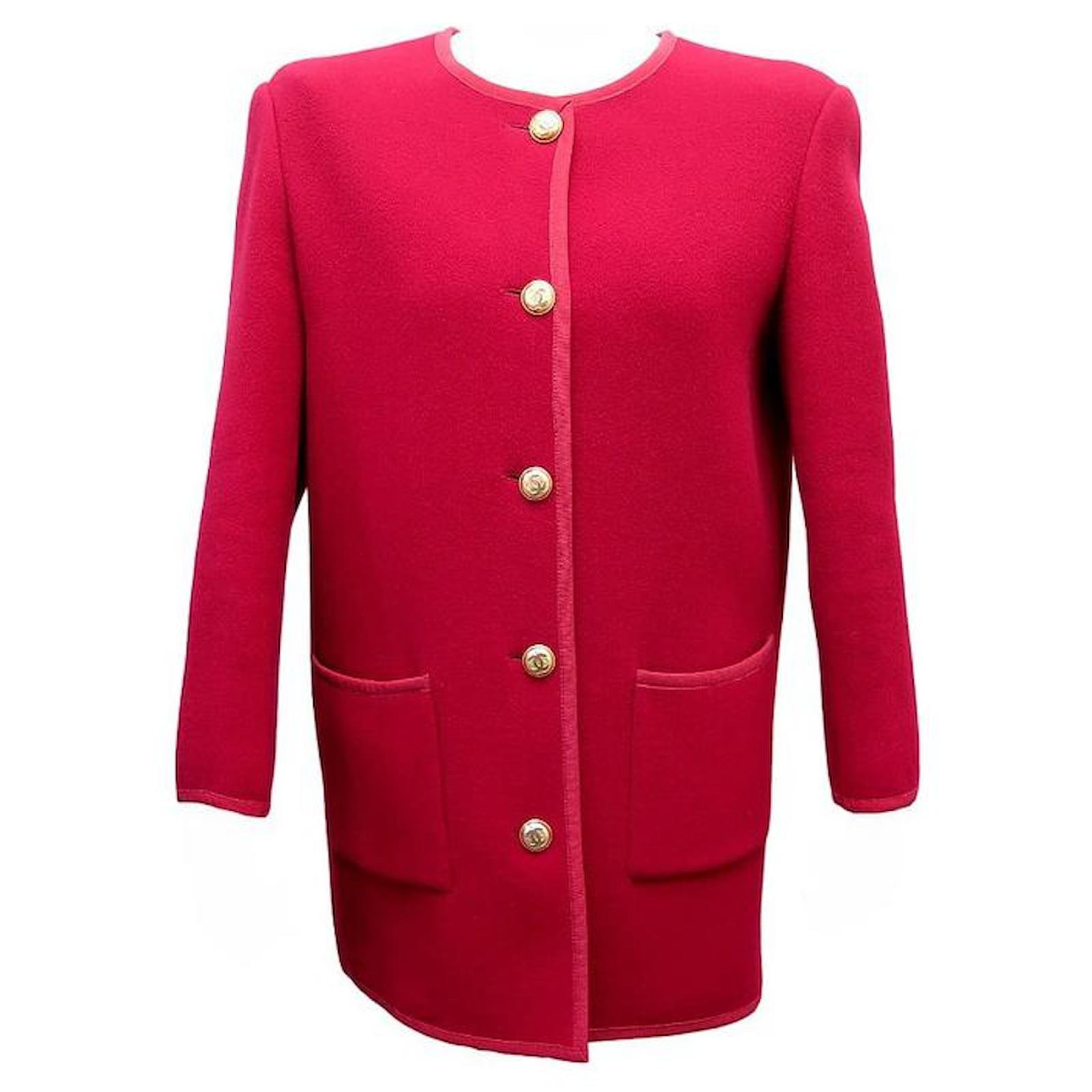 Jackets Chanel Vintage Long Chanel Jacket with CC Logo Buttons L 42 Red Cashmere Jacket