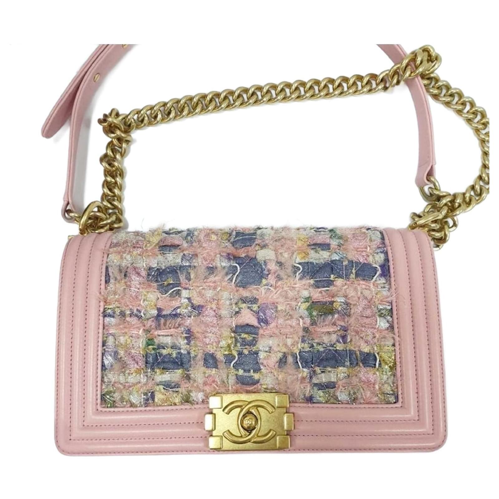 Chanel Vintage Pink Tweed Medium Classic Soft Pink Flap Bag For
