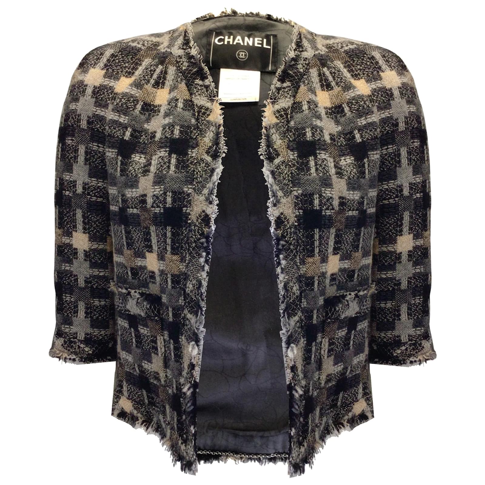 Jackets Chanel Chanel Grey Multi 2005 Check Pattern Fringed Cropped Tweed Jacket