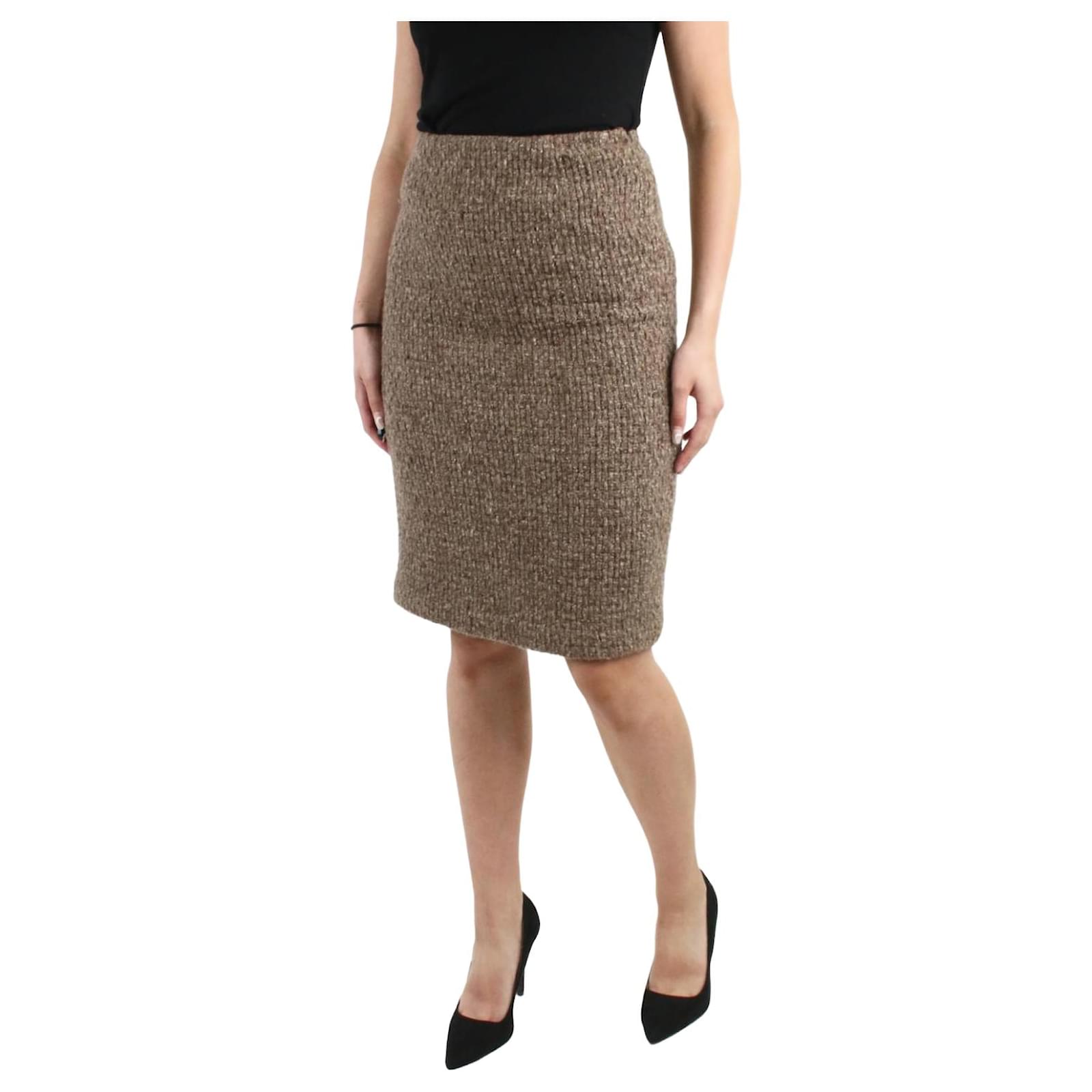 Brown knit wool-blend midi pencil skirt - size US 2