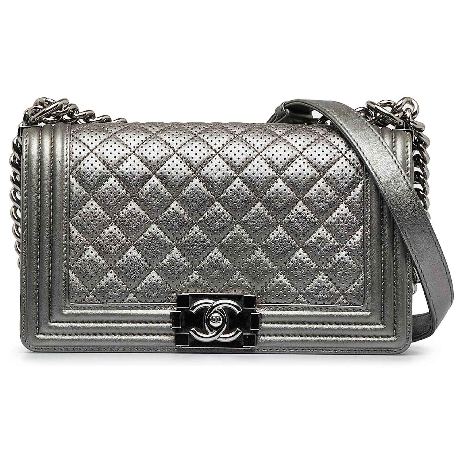 Chanel Silver Medium Perforated Lambskin Boy Flap Silvery Leather  ref.1010040 - Joli Closet