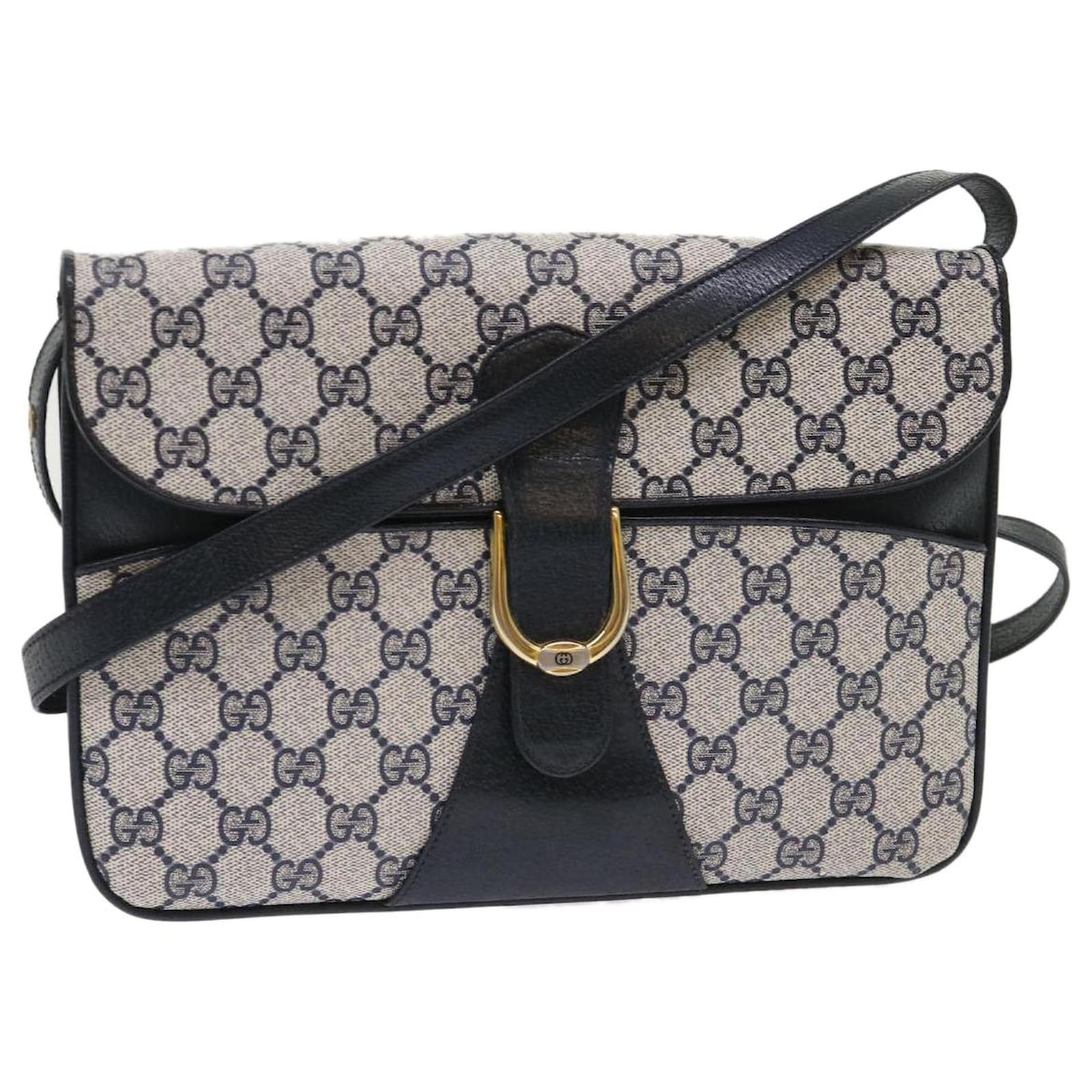 GUCCI GG Canvas Shoulder Bag PVC Leather Gray Navy Auth yk7746