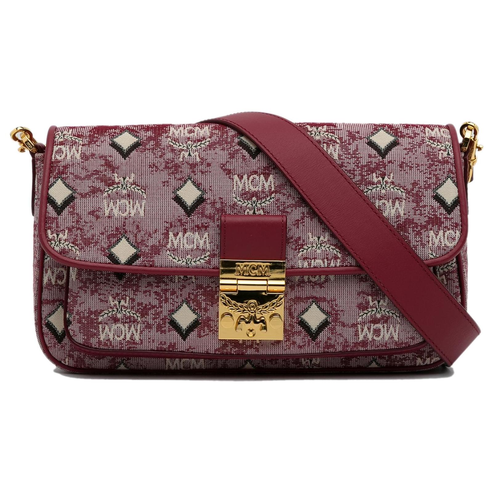 MCM Tracy Monogram Leather Chain Crossbody Wallet Red
