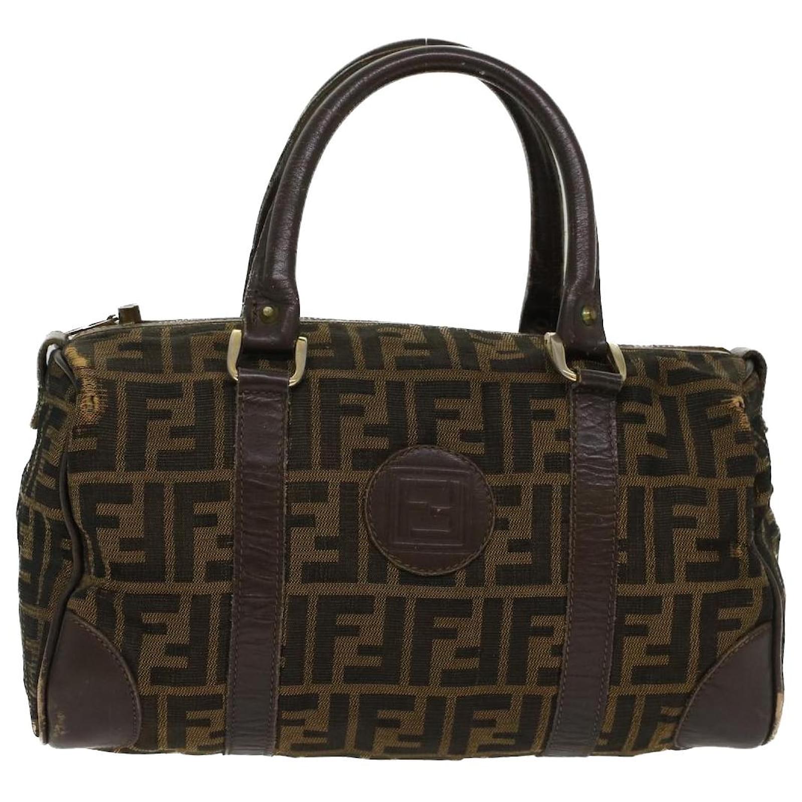 FENDI Zucca Canvas and Leather Bag in Brown with Red in 2023