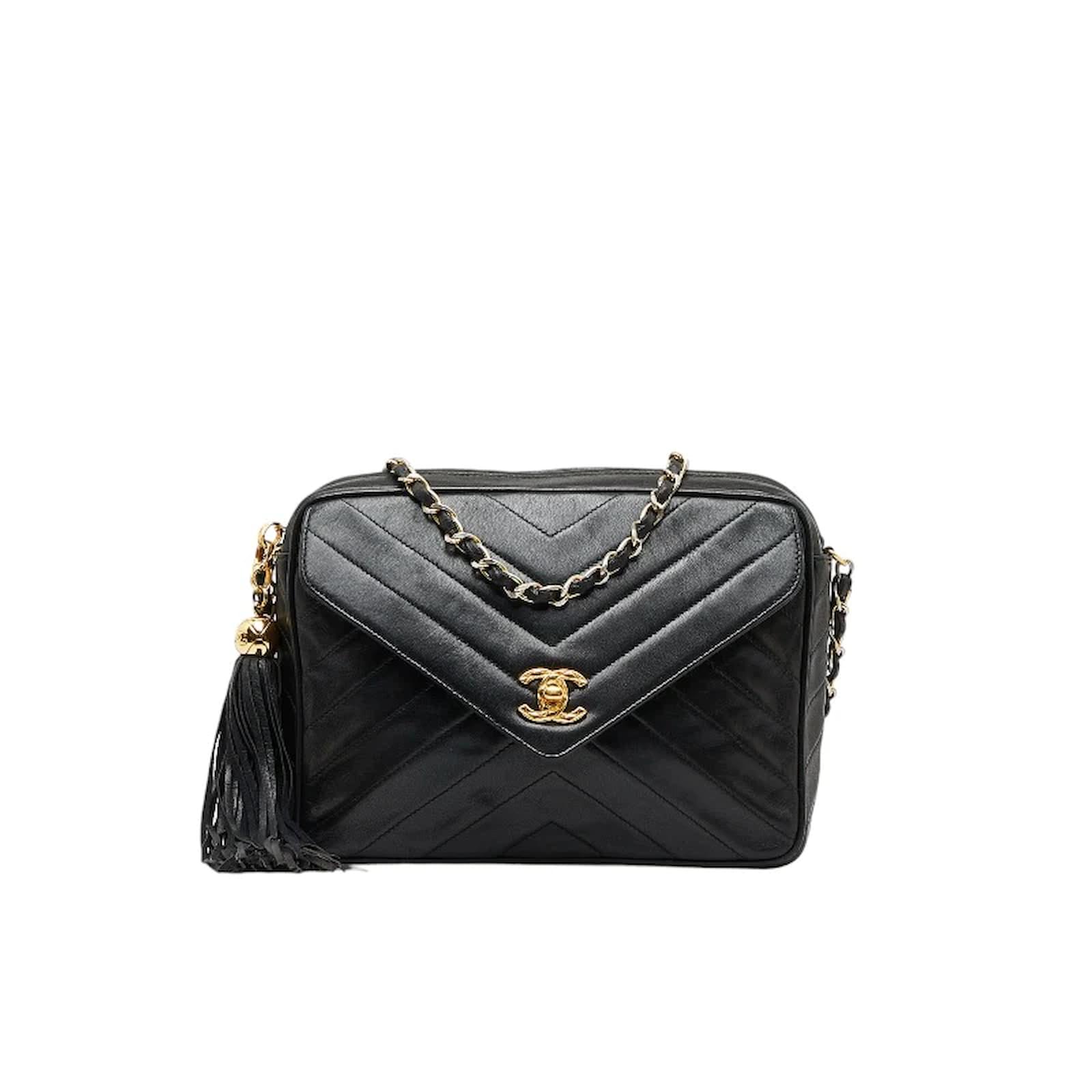 Chanel CC Chevron Front Pocket Camera Bag Black Leather Lambskin