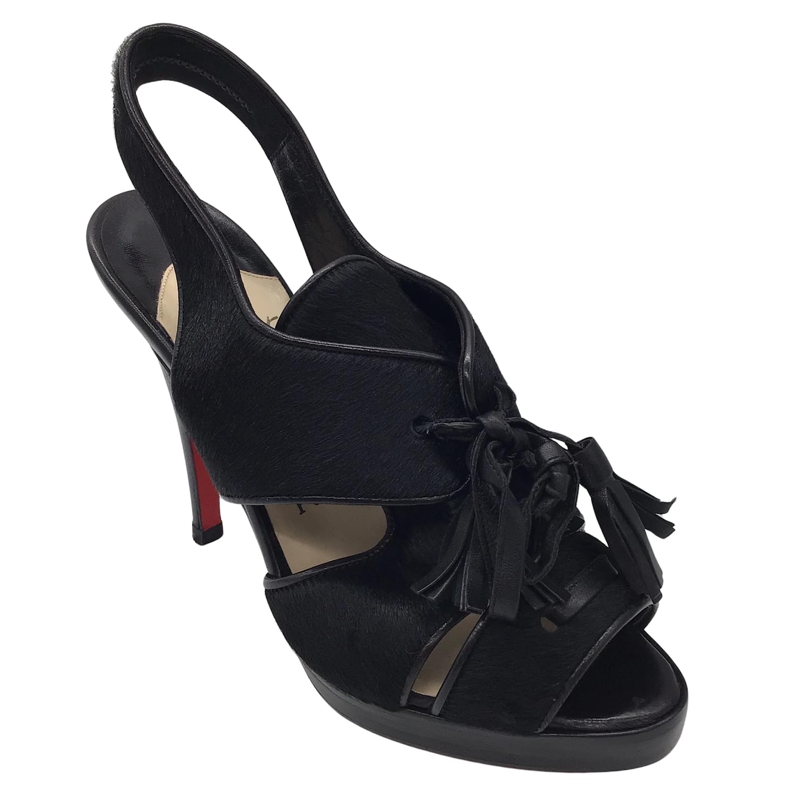 Christian Louboutin Sandales noires en poil de veau talons hauts et garnitures en cuir avec pompons noires