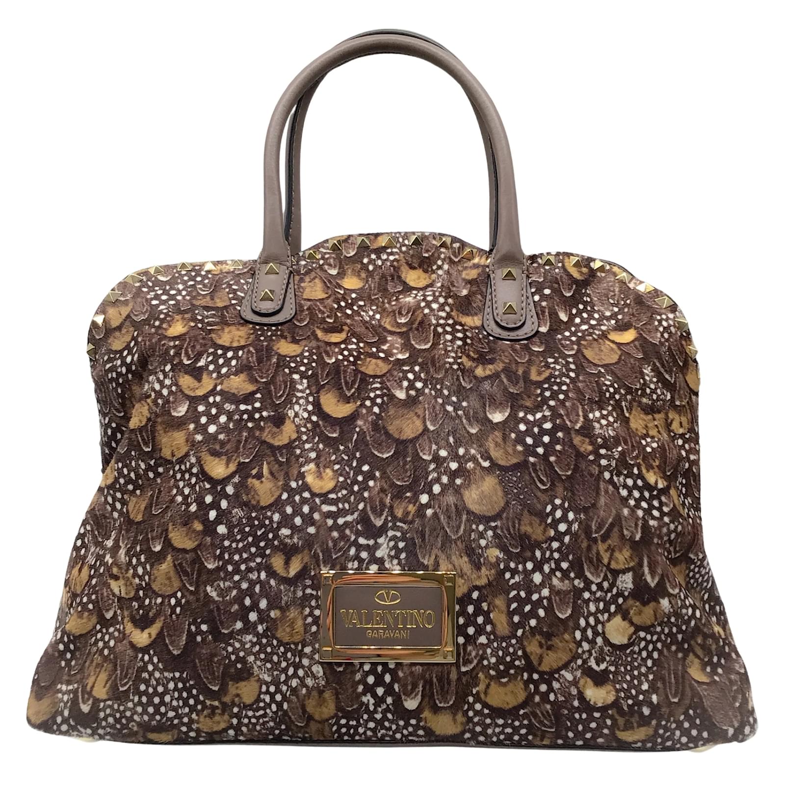 Valentino Brown Multi Gold Rockstud Feather Printed Calf Hair