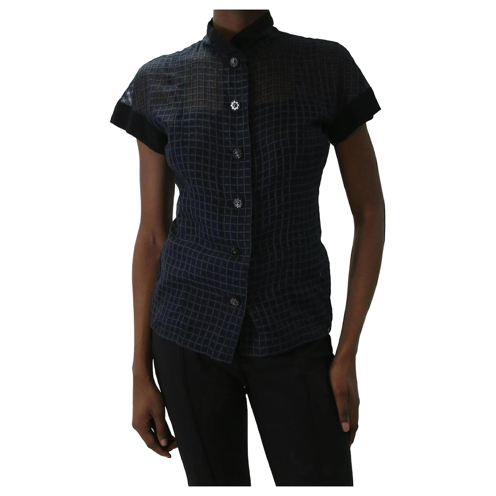 Chanel Blue check printed blouse with camisole set - size UK 8 ref